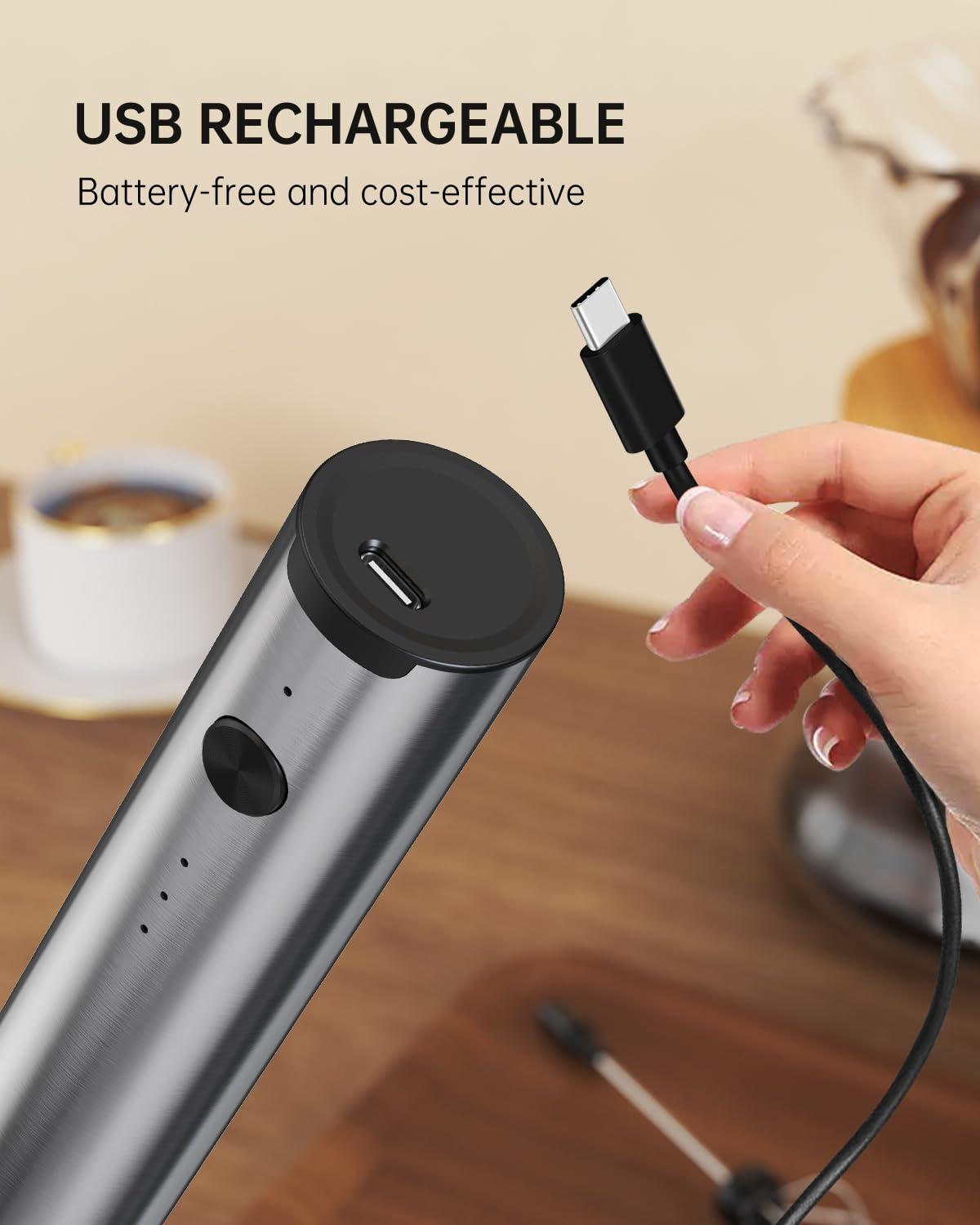 Circle Joy Powerful Milk Frother Handheld With 3-Speed, Coffee Frother Wand Rechargeable Mini Drink Mixer With 2 Stainless Steel