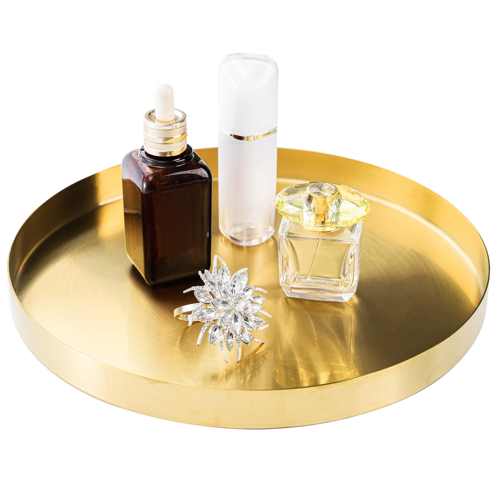 Jucoan 12 Inch Round Gold Tray, Decorative Dresser Vanity Tray Makeup Organizer For Jewelry Perfume Candle, Stainless Steel Meta