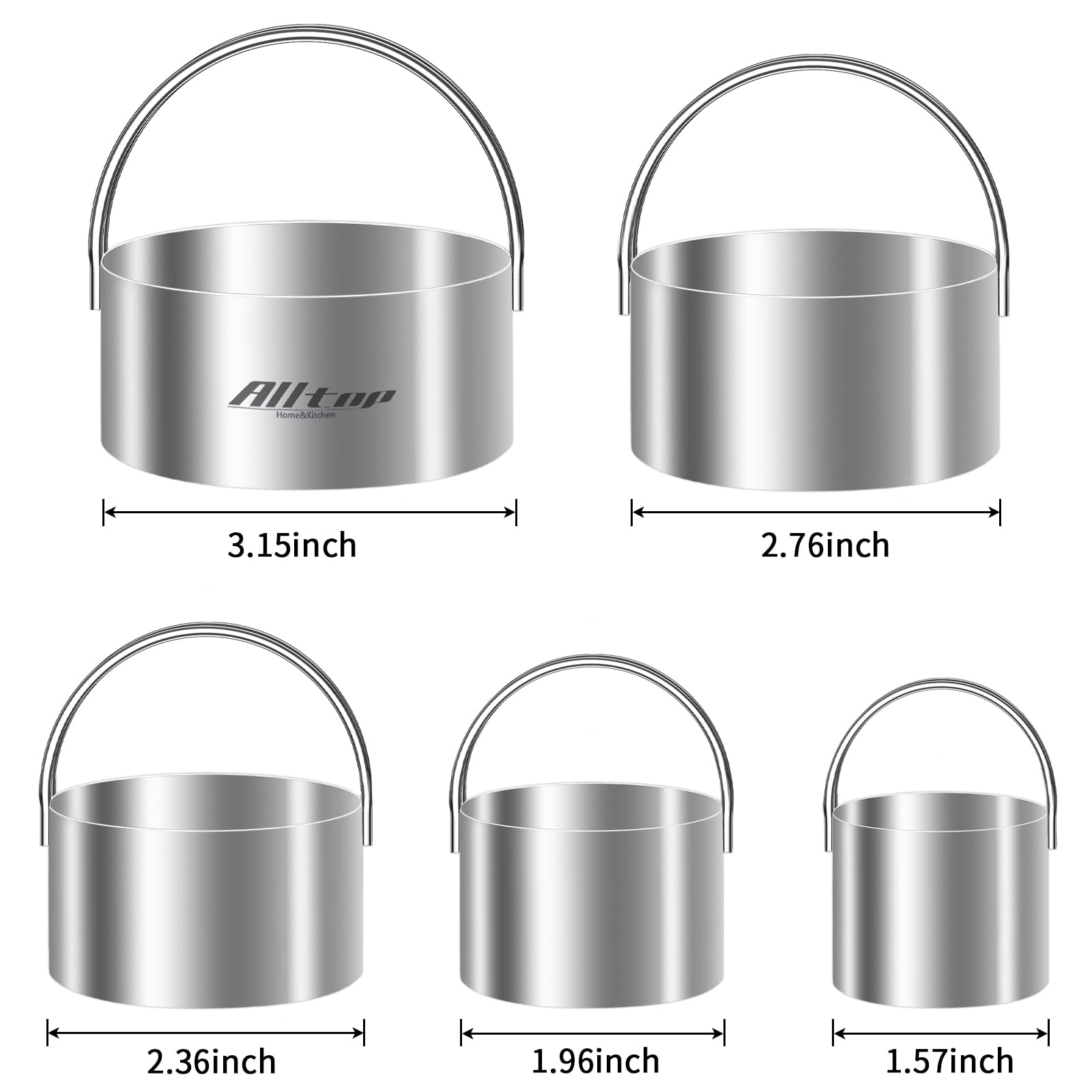 ALLTOP 5 Pieces Circle Biscuit Cutter Professional Stainless Steel Round Cookie Cutters Tool with Ring Handle for Baking Pastry Doughnut