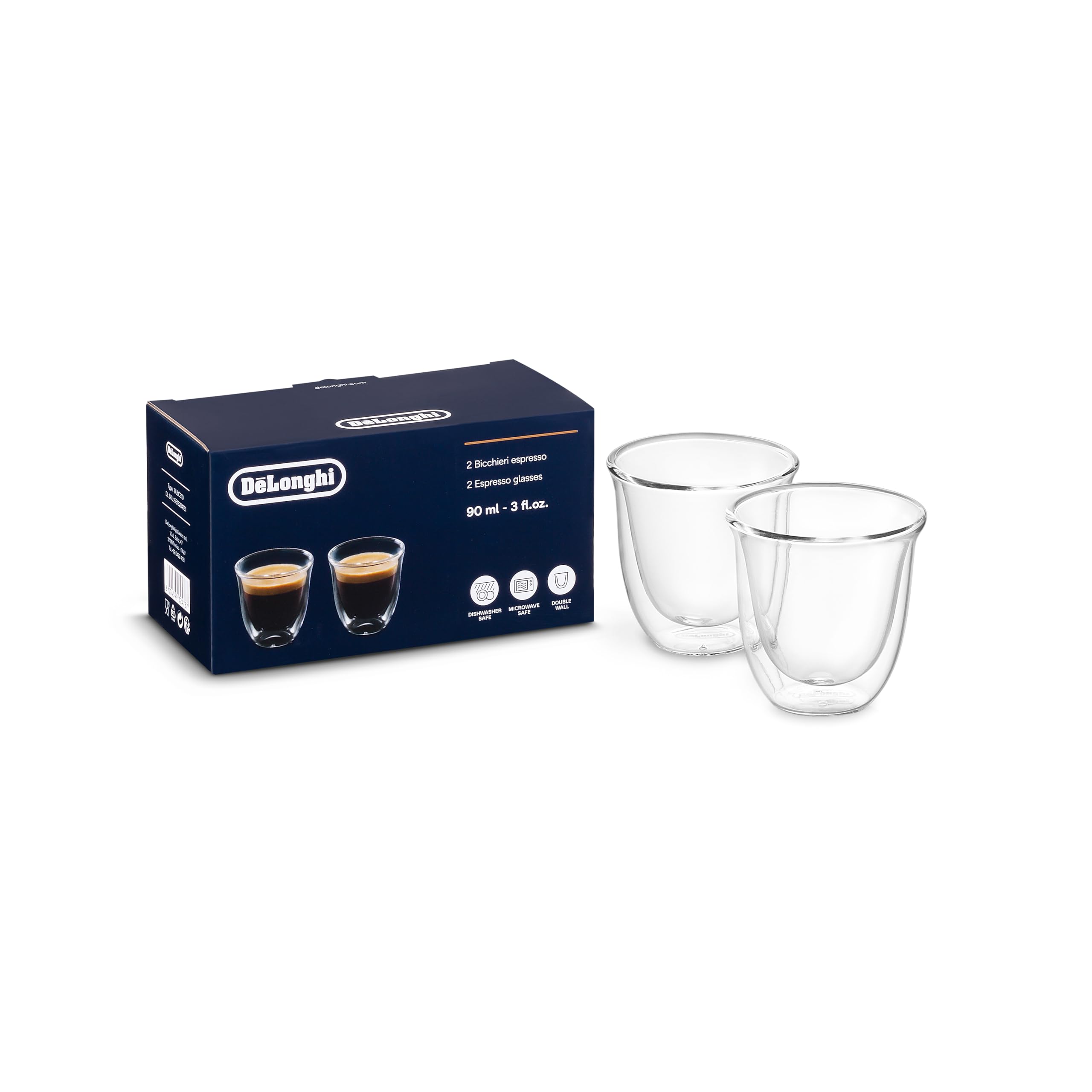 De'Longhi DeLonghi Double Walled Thermo Espresso Glasses  Set of 2  Regular  Clear  60 milliliters