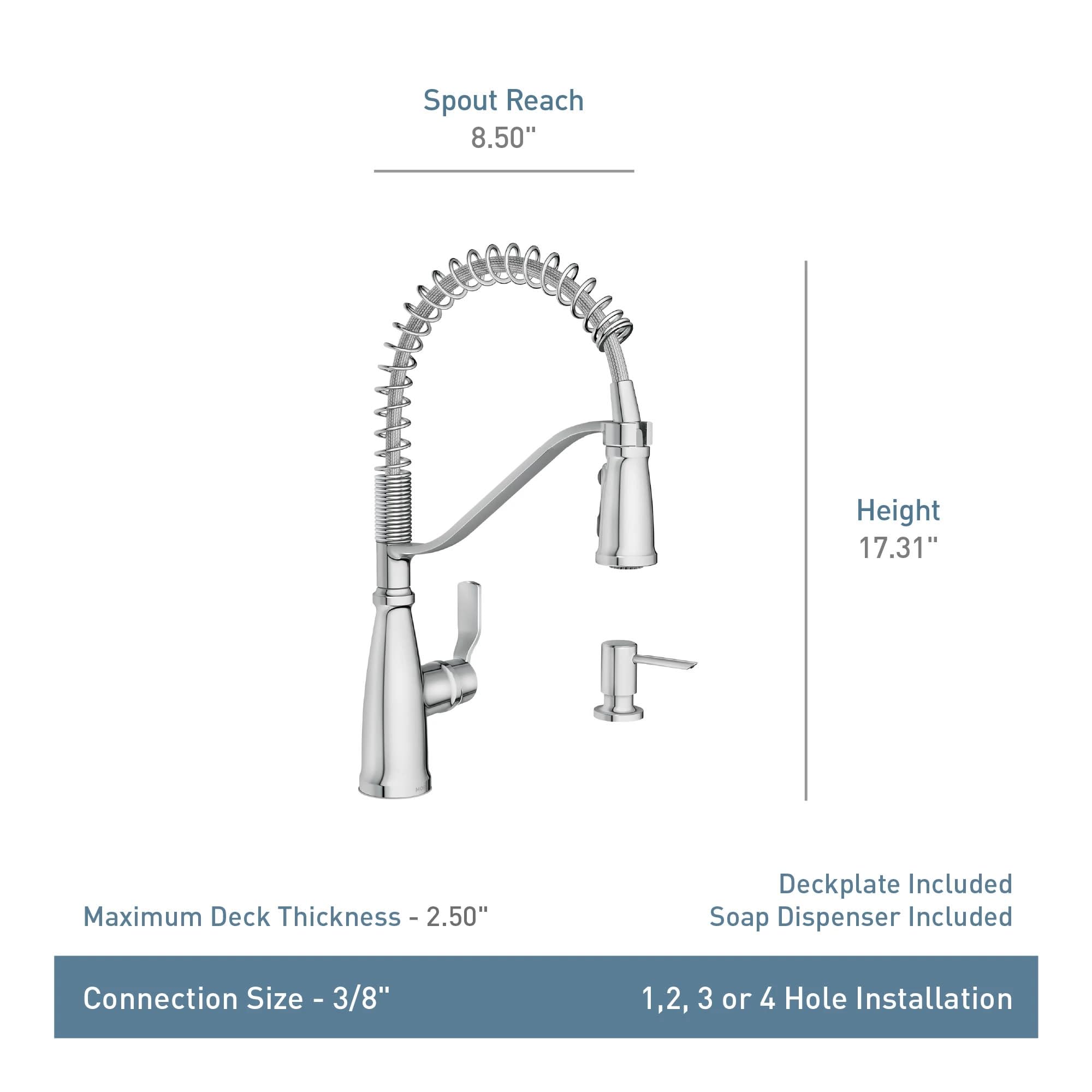 Moen Nolia Chrome One-Handle Pre-Rinse Spring Kitchen Faucet With Pull Down Sprayer, Single Hole Kitchen Sink Faucet With Soap D