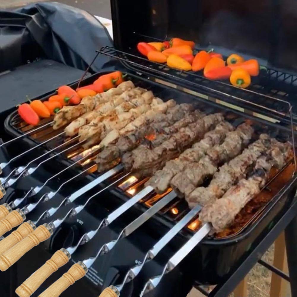 Amestar BBQ Kabob Skewers - 12 Pack Heavy Duty 23.5" Stainless Steel with Wooden Handle for Shish Kebab, Chicken, Shrimp, and Vegetables