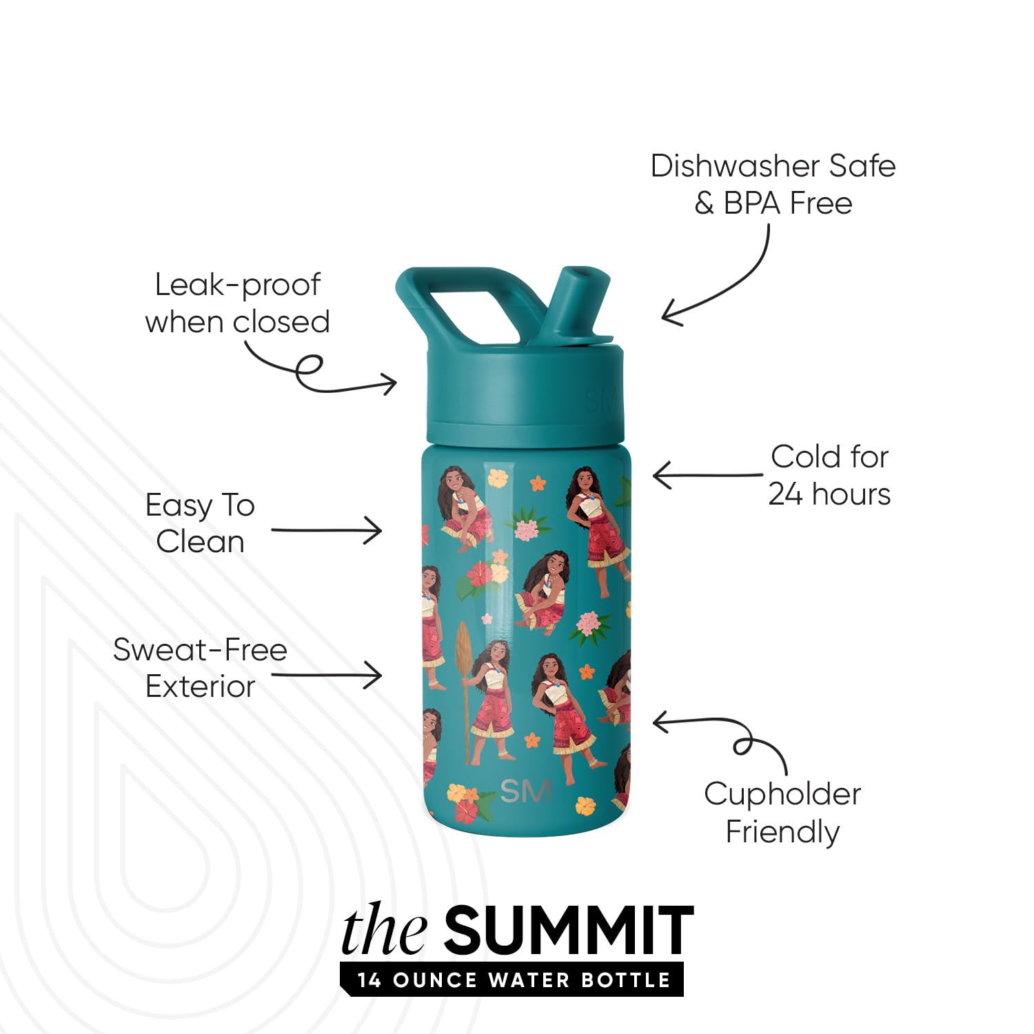 Simple Modern Kids Summit Water Bottle with Straw Lid | Disney Moana 14oz Stainless Steel Cup Insulated Tumbler for Girls, Schoo
