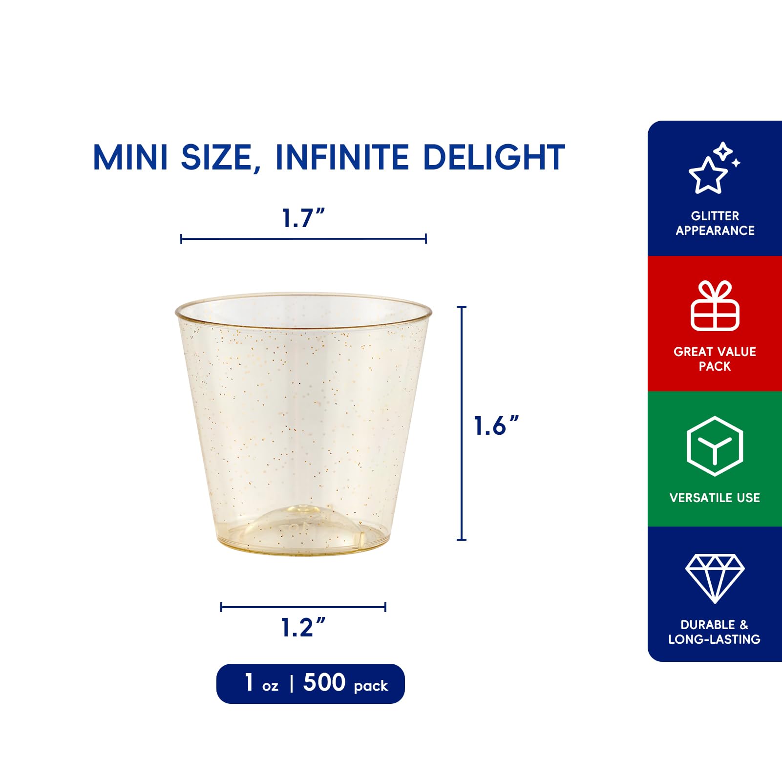 Jolly Chef 500 Pack 1 Oz Shot Glasses, 1 Oz Gold Glitter Party Cups Tumblers, Elegant Plastic Cups, Disposable Cups With Glitter