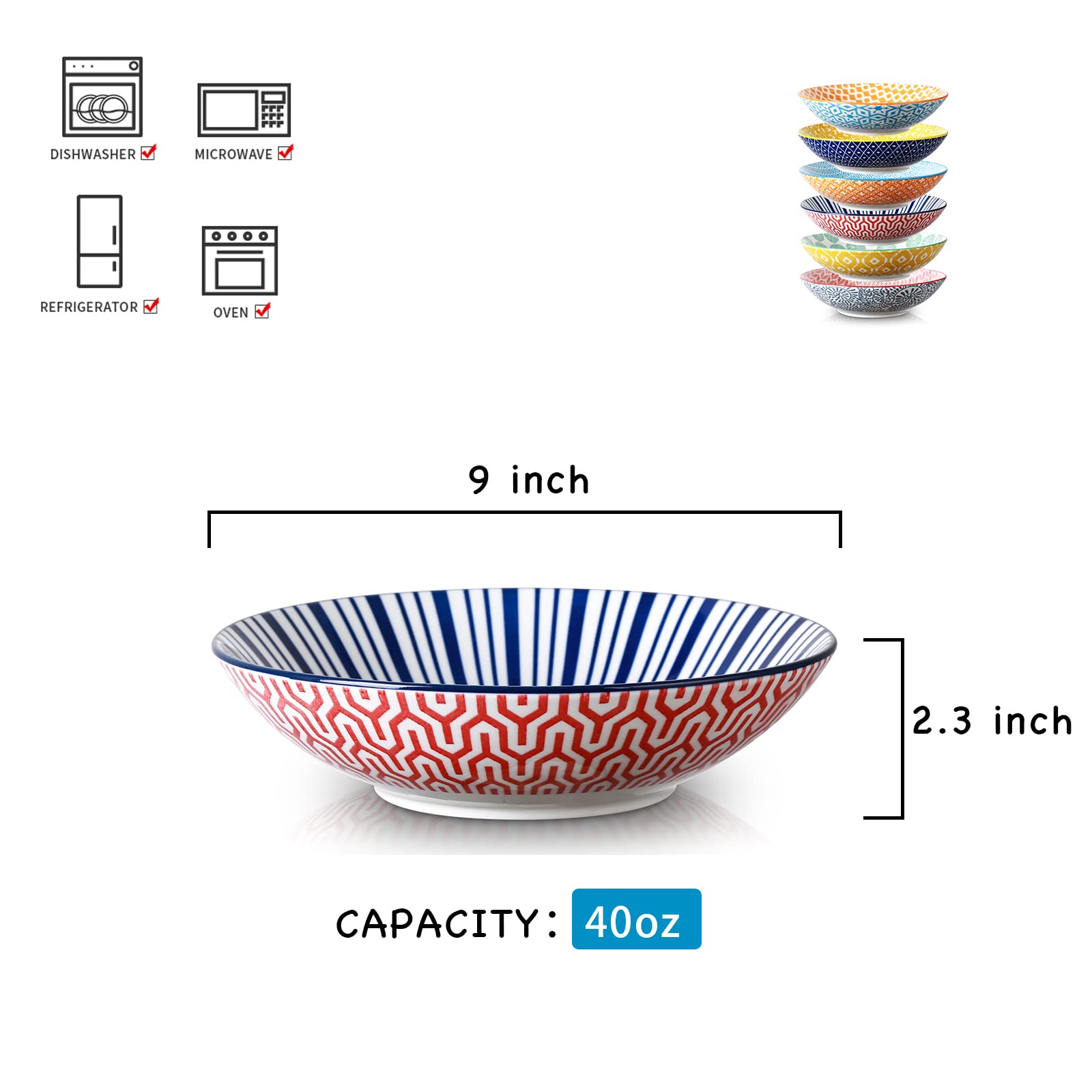 Selamica Porcelain 40Oz Large Bowls 9 Inch Big Pasta Salad Bowls, Microwave And Oven Safe, Assorted Colors, Set Of 6