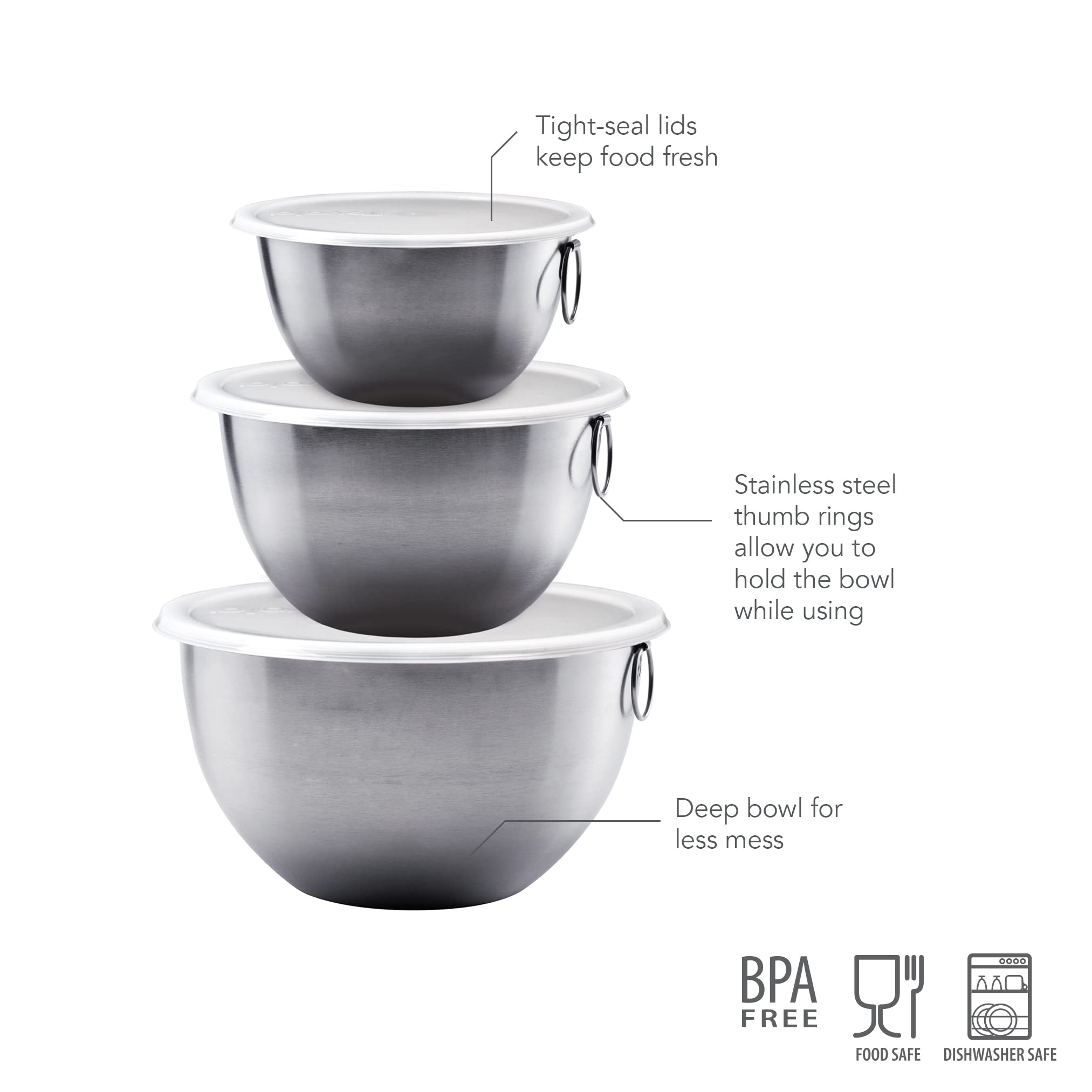Tovolo Stainless Steel, Set Of 3 Mixing Tight-Seal Dishwasher-Safe Metal Bowls With Bpa-Free Lids For Food Storage, Stainless St