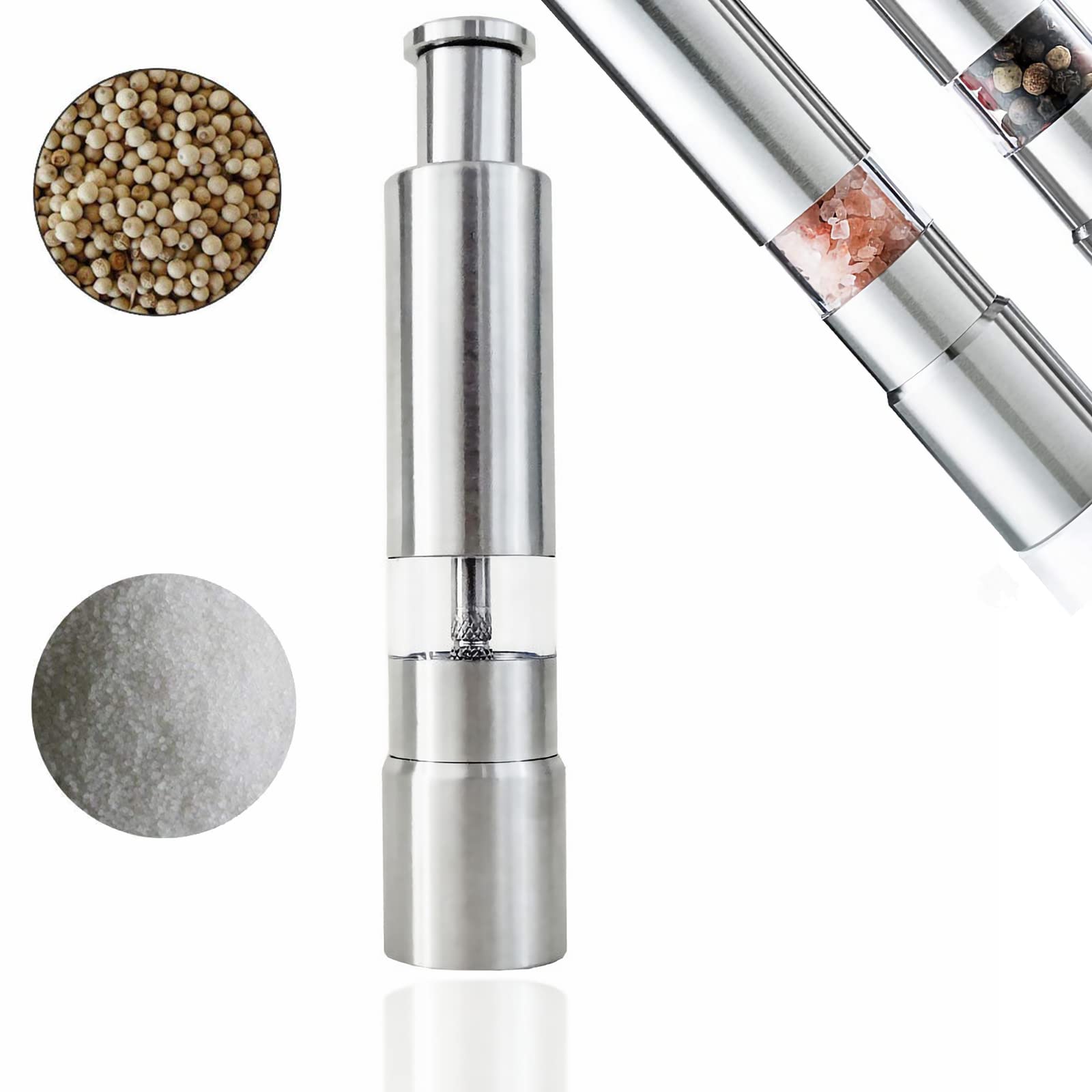 Thumb Pepper Grinder, Push Button Salt And Spices Pepper Fine Mill, One Hand Pepper Stainless Steel Grinder For Grains, Spices,