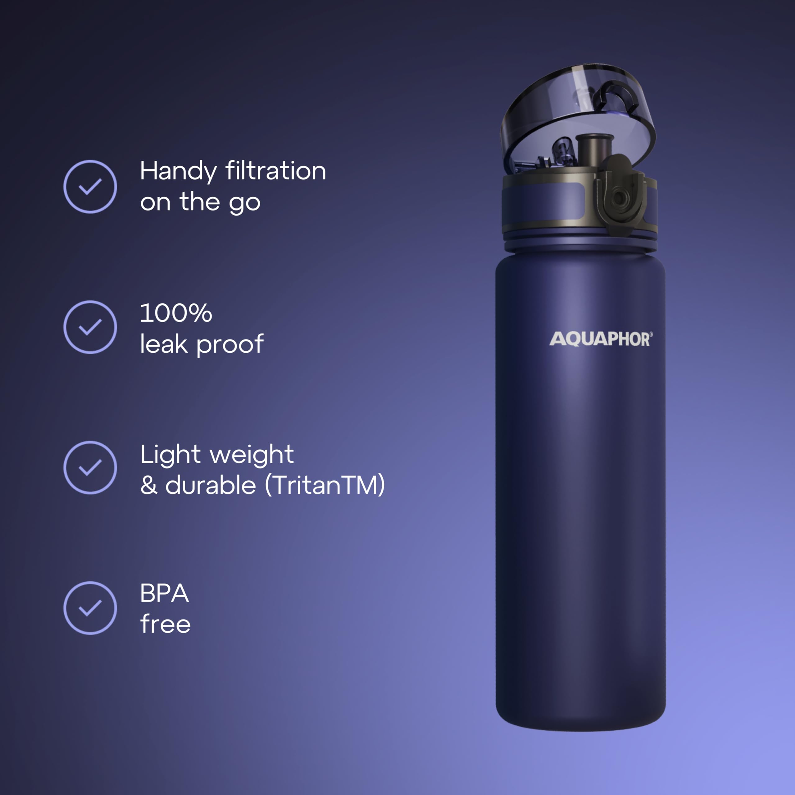 AQUAPHOR City Bottle 500ml Navy  Travel Water Bottle with Activated Carbon Filter  Filters Chlorine & Impurities  Made of Tritan & BPA-Free  Stay Hydrated On The Go!