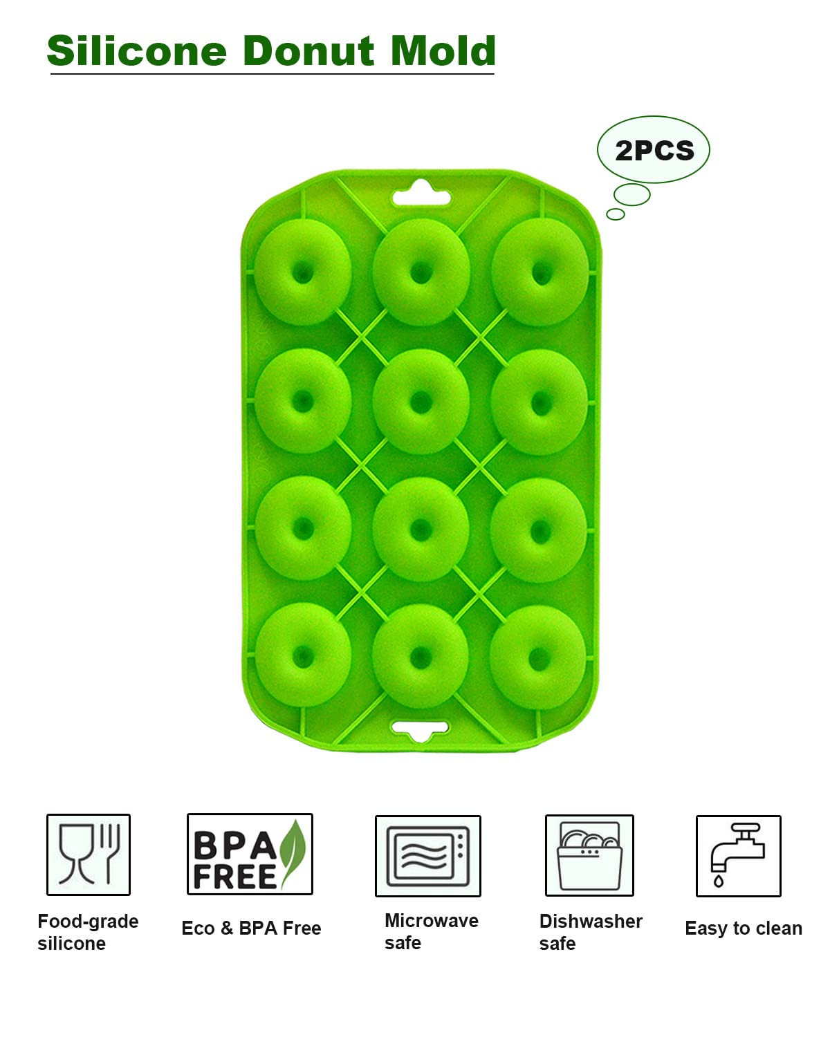 Sinoskye Mini Donut Pan For Baking, 2 Pack Donut Mold Silicone Doughnut Pan For Making Donut, Bagels, Cake, Bpa Free, Green