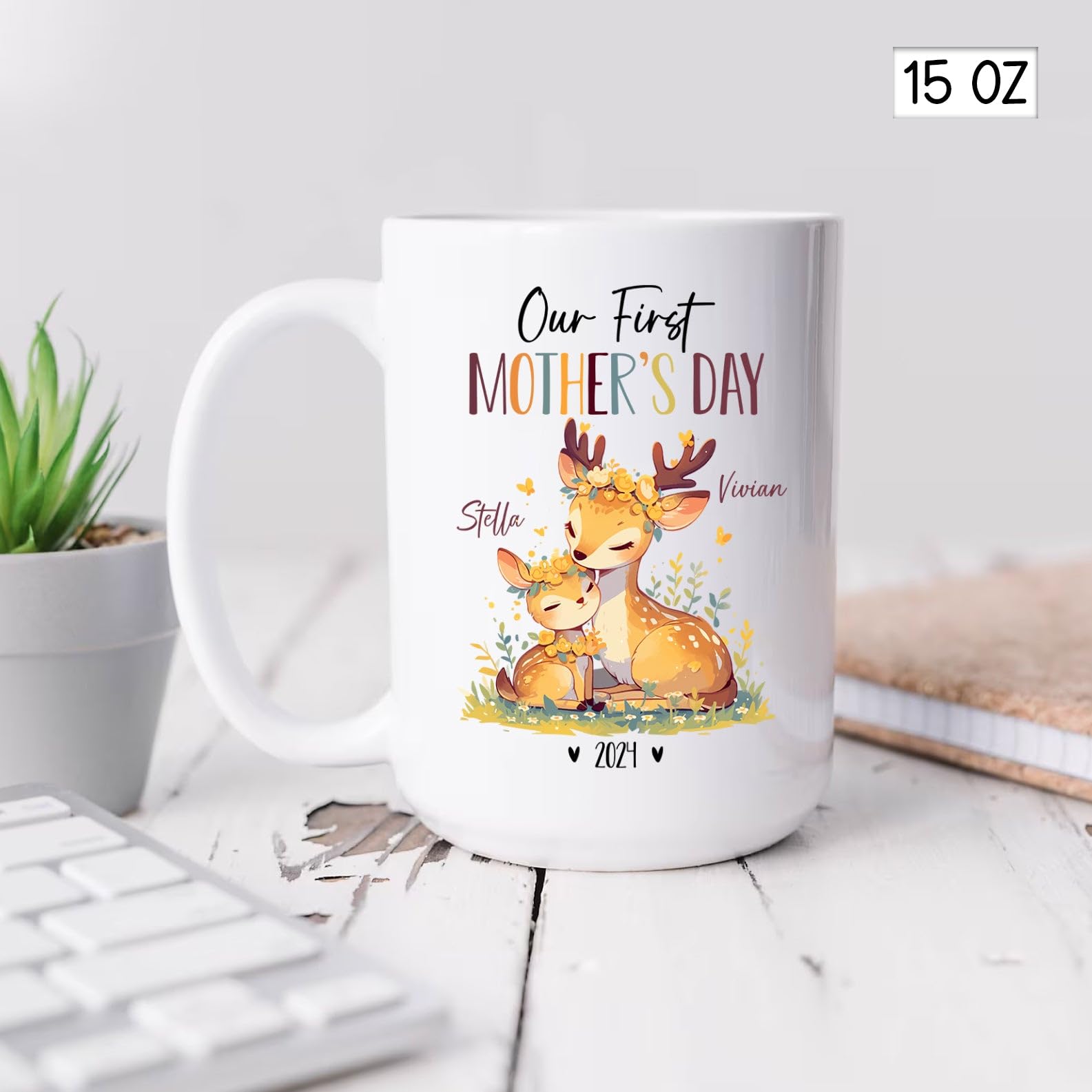 Deers Mug For New Mother And New Born Baby, Personalized Our First Mothers Day Ceramic Mug, Custom Mom & Baby Deer Coffee Cup, M