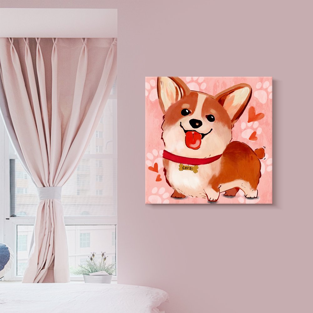 Cartoon Cute Corgi Dog Canvas Wall Art Print Picture For Kids Room (A, 12 X 12 Inch)