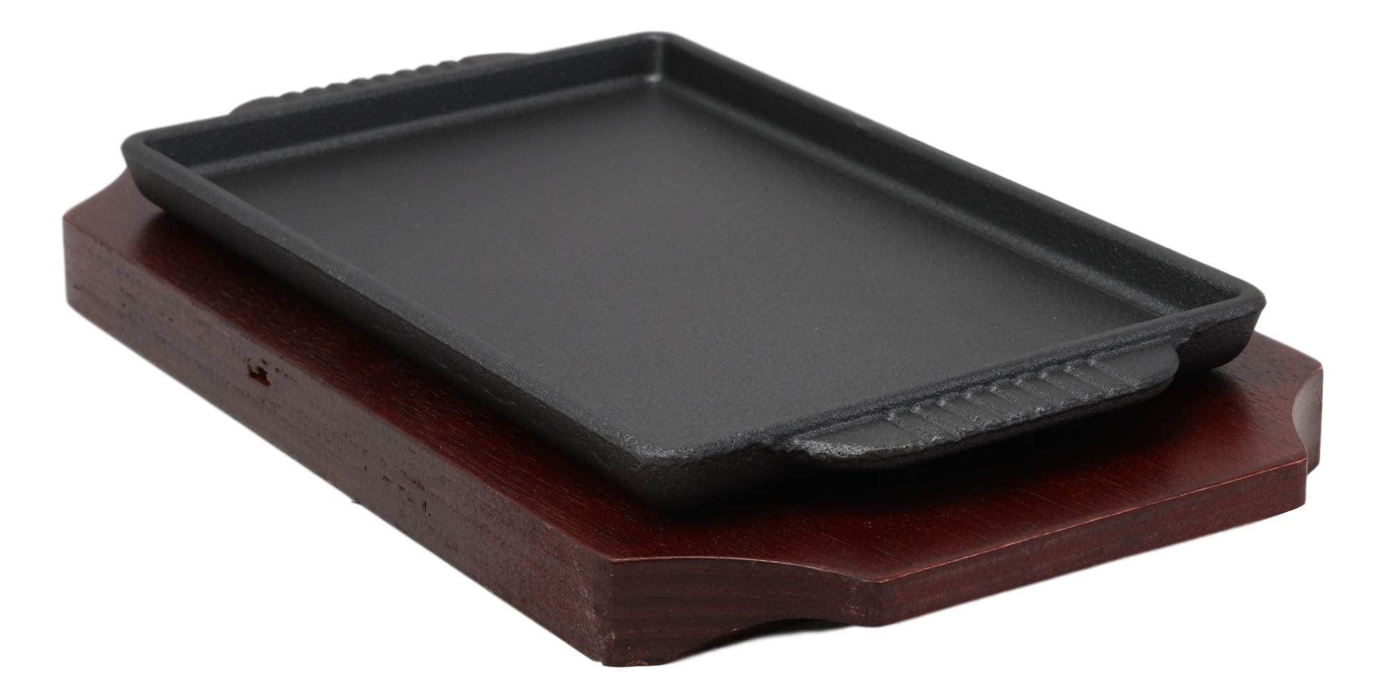 Ebros Personal Size Cast Iron Sizzling Fajita Pan Skillet Japanese Steak Plate With Wood Underliner Base Restaurant Home Kitchen