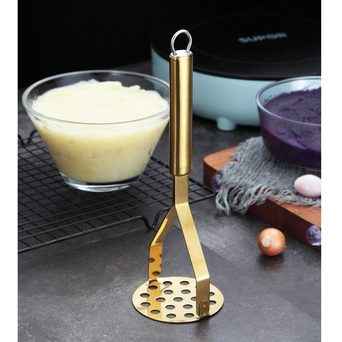 Berglander Potato Masher, Heavy Duty Stainless Steel Gold Potato Ricer With Titanium Plating, Masher, Kitchen Masher, Vegetable