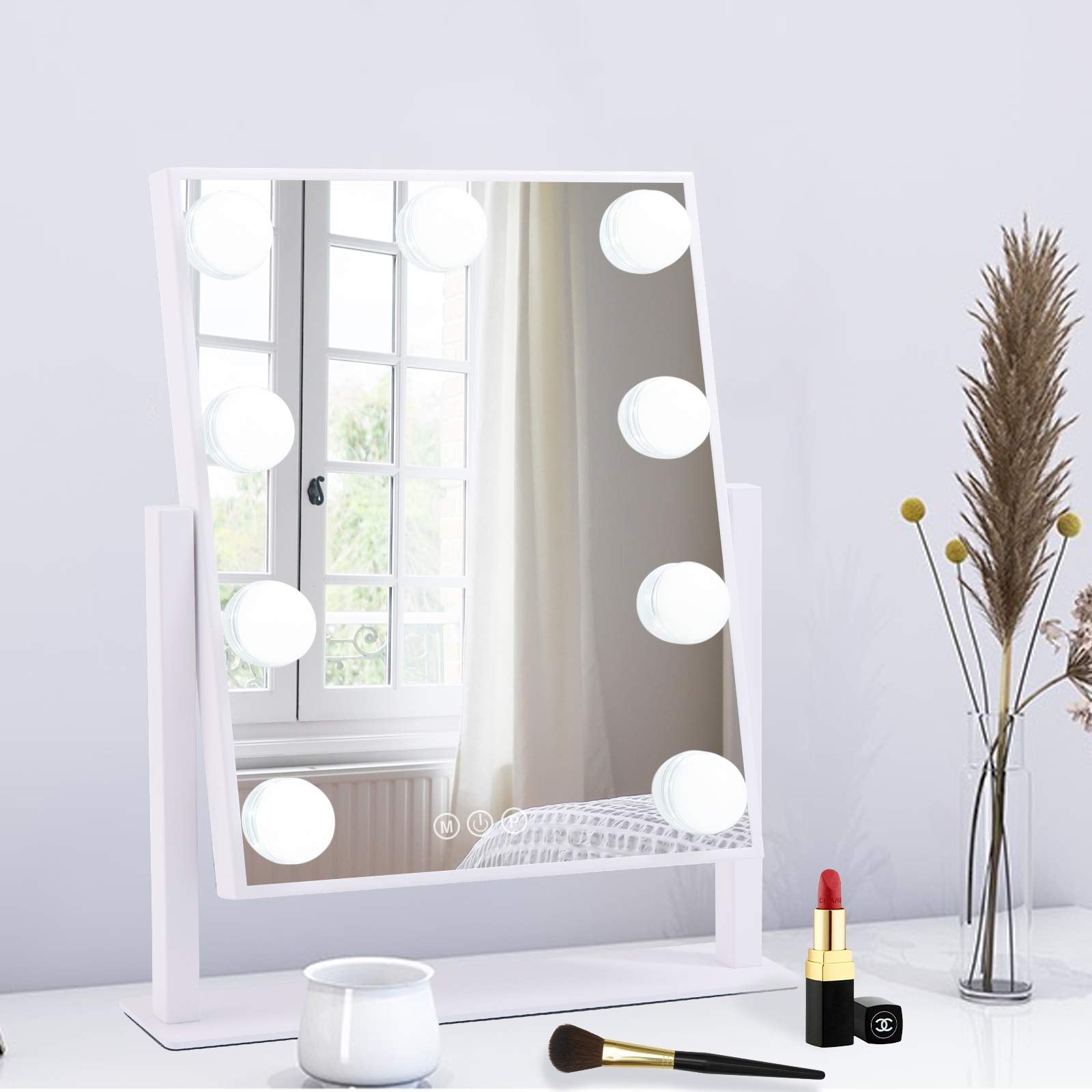 BWLLNI Lighted Makeup Mirror Hollywood Mirror Vanity Mirror with Lights  Touch Control Design 3 Colors Dimable LED Bulbs  Detachable 10X Magnification  360Rotation  White.