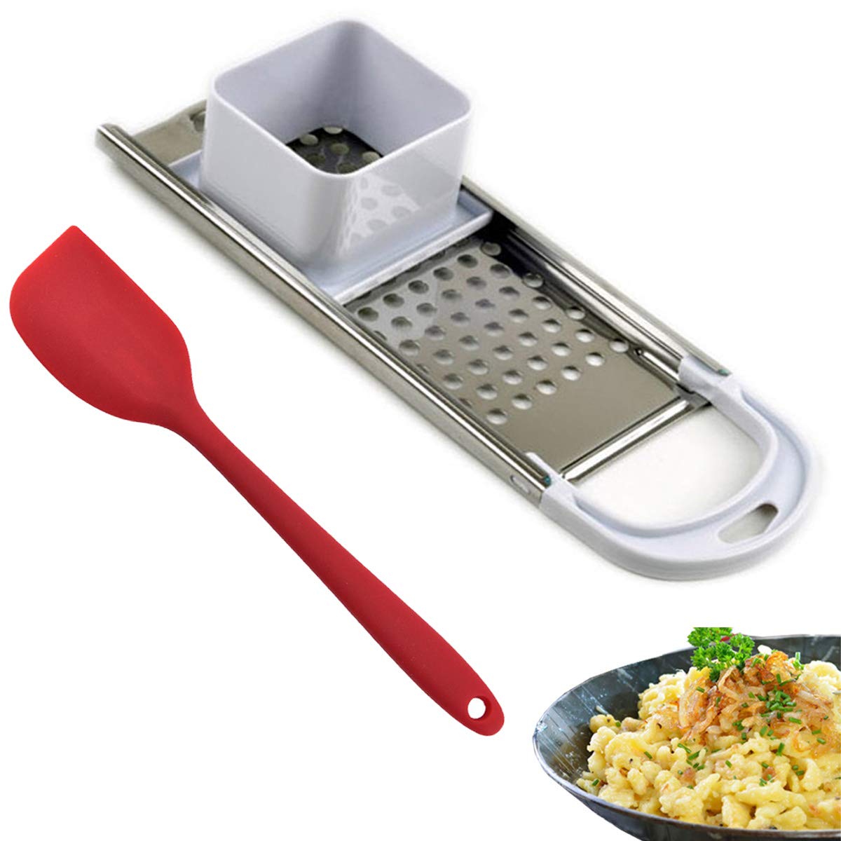 Stainless Steel Spaetzle Maker Noodle Dumpling Maker With Safety Pusher, Includes Silicone Spatula