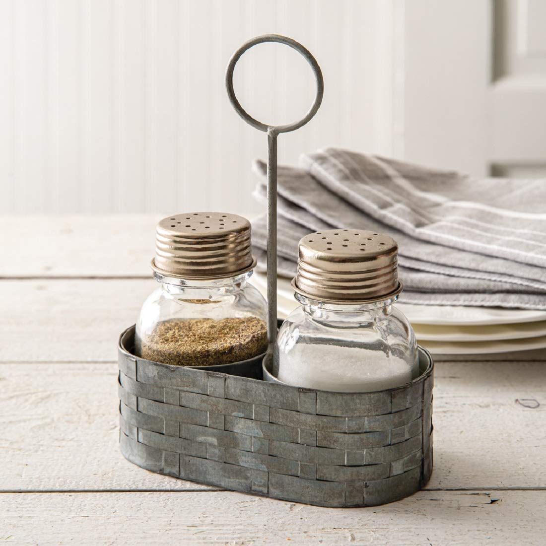 Galvanized Salt And Pepper Caddy With Ring