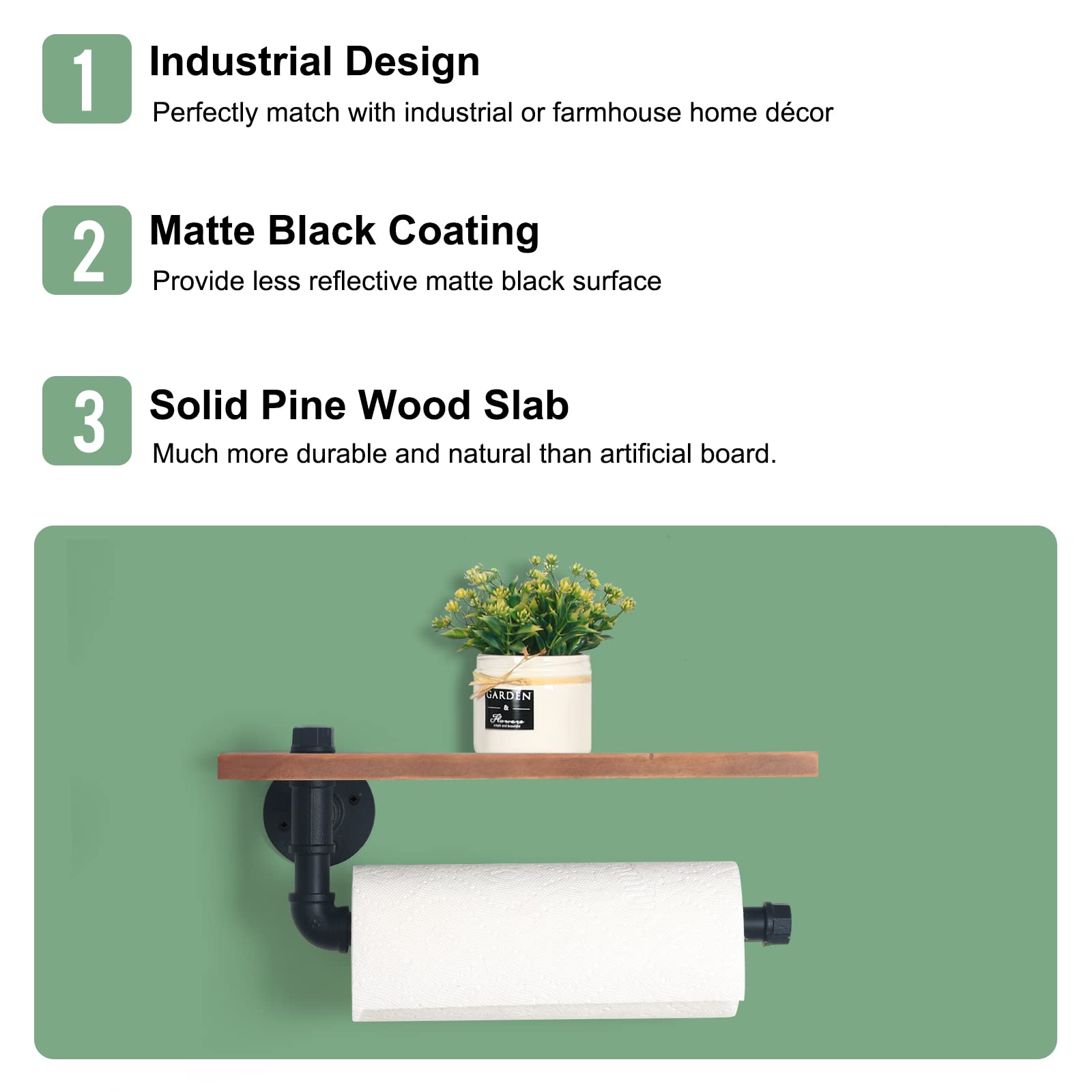 HouseAid Industrial Pipe Paper Towel Holder with Shelf  Rustic Farmhouse Paper Towel Rack for Bathroom  Kitchen  Wall Mounted  Matte Black