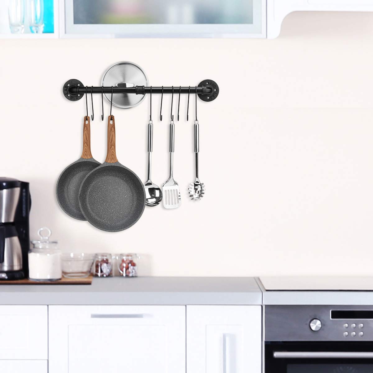 Toplife 23.7 Inch Pot Rack, Kitchen Wall Mounted Detachable Pan Lid Utensils Organizer Hanging Rail With 10 Hooks, Black