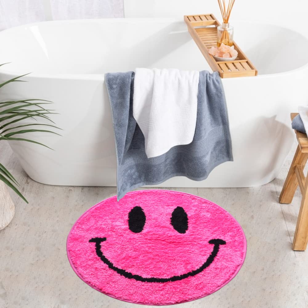 Evovee Hot Pink Bath Mat Rug Funny Happy Cute Bathroom Decor Shower Rugs Retro Funky Bedroom Aesthetic Fun Round Preppy Cool Apa
