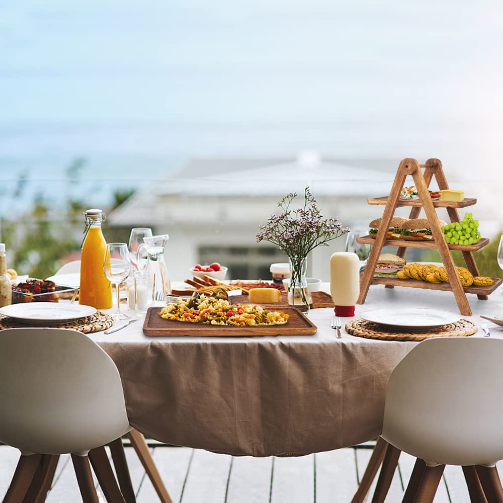 Manspdier Wood 3 Tier Serving Tray Three Tiered Cupcake Stand, Rectangle Serving Platter Wooden Farmhouse, Party Serving Brown D