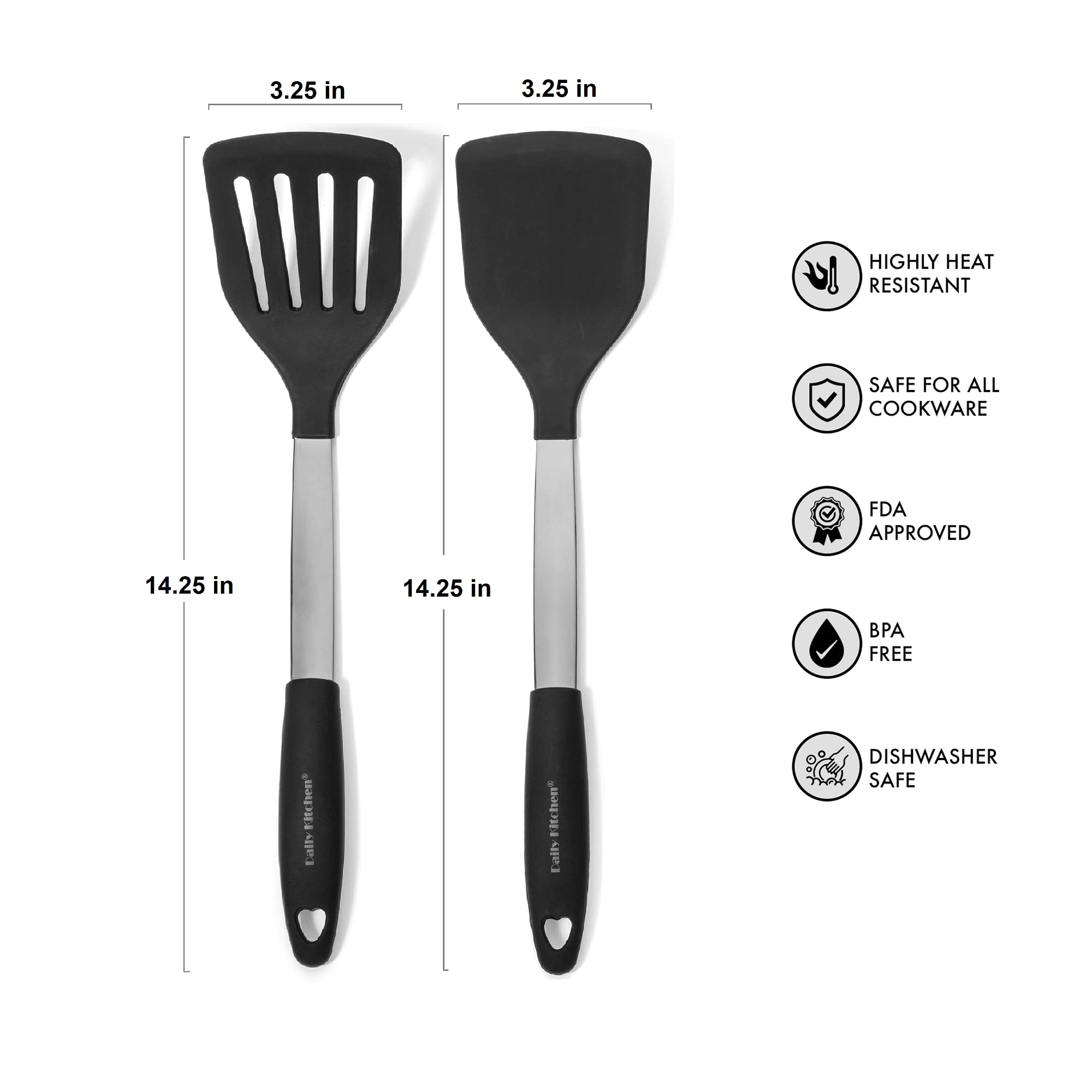 Daily Kitchen Spatula Set Heat Resistant Silicone And Stainless Steel - Turner Spatulas Rubber Grip - Flexible Silicone Spatulas
