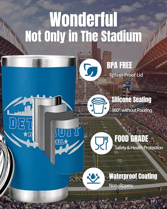 Football Fan 20 Oz Insulated Travel Coffee Cup Mug Tumbler with Lid Detroit Themed Merch Shop Men Women Sport Stuff Gear Apparel
