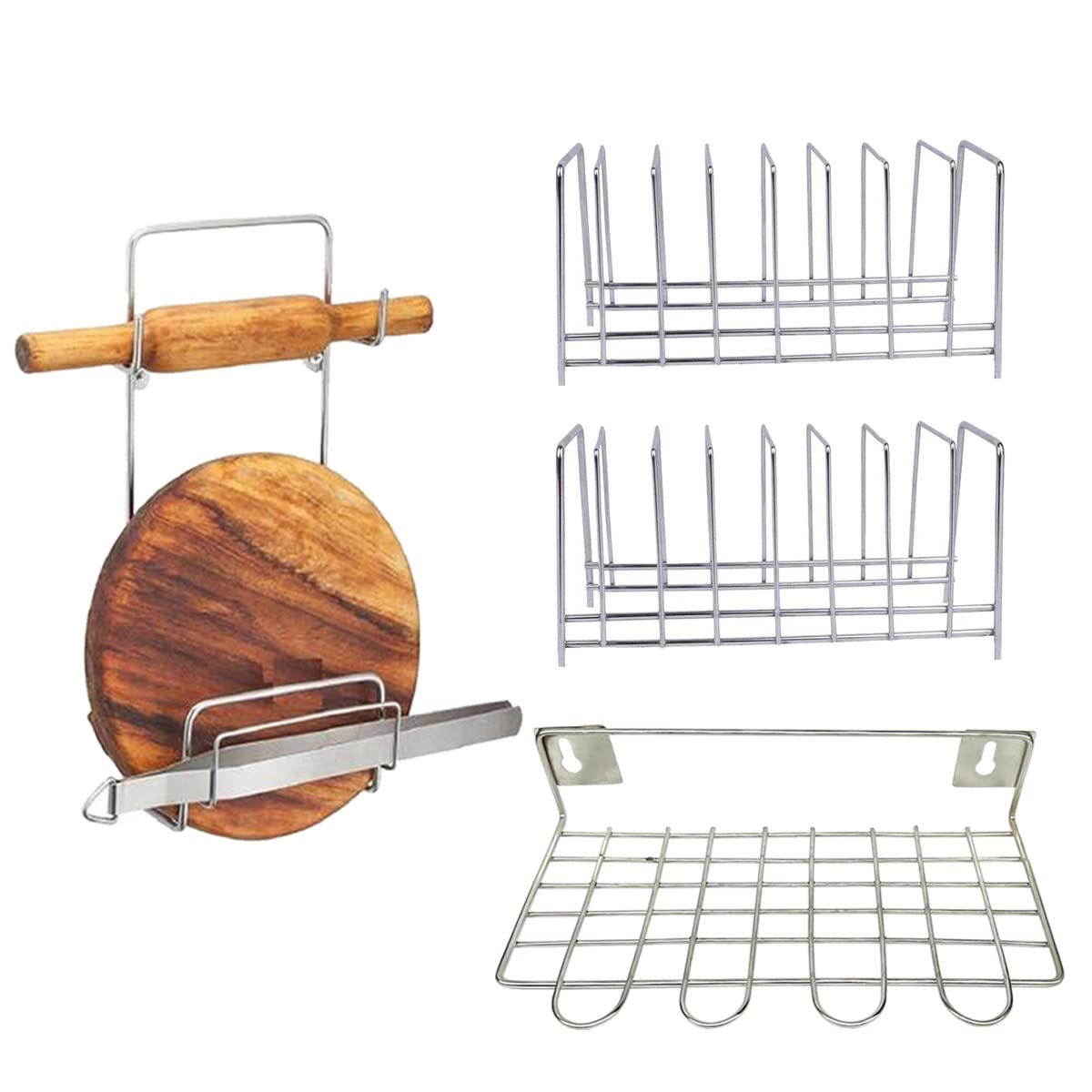 Jisun Stainless Steel (Pack Of 2) Plate Stand/Dish Rack & Chakla Belan Stand & Wall Mounted Ladle For Kitchen