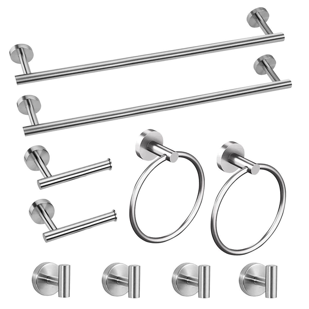 Cilee 10 Piece Brushed Nickel Bathroom Accessories Set, 24Inch Brushed Nickel Towel Bar Ring+Toilet Paper Holder+ Robe Towel Hoo