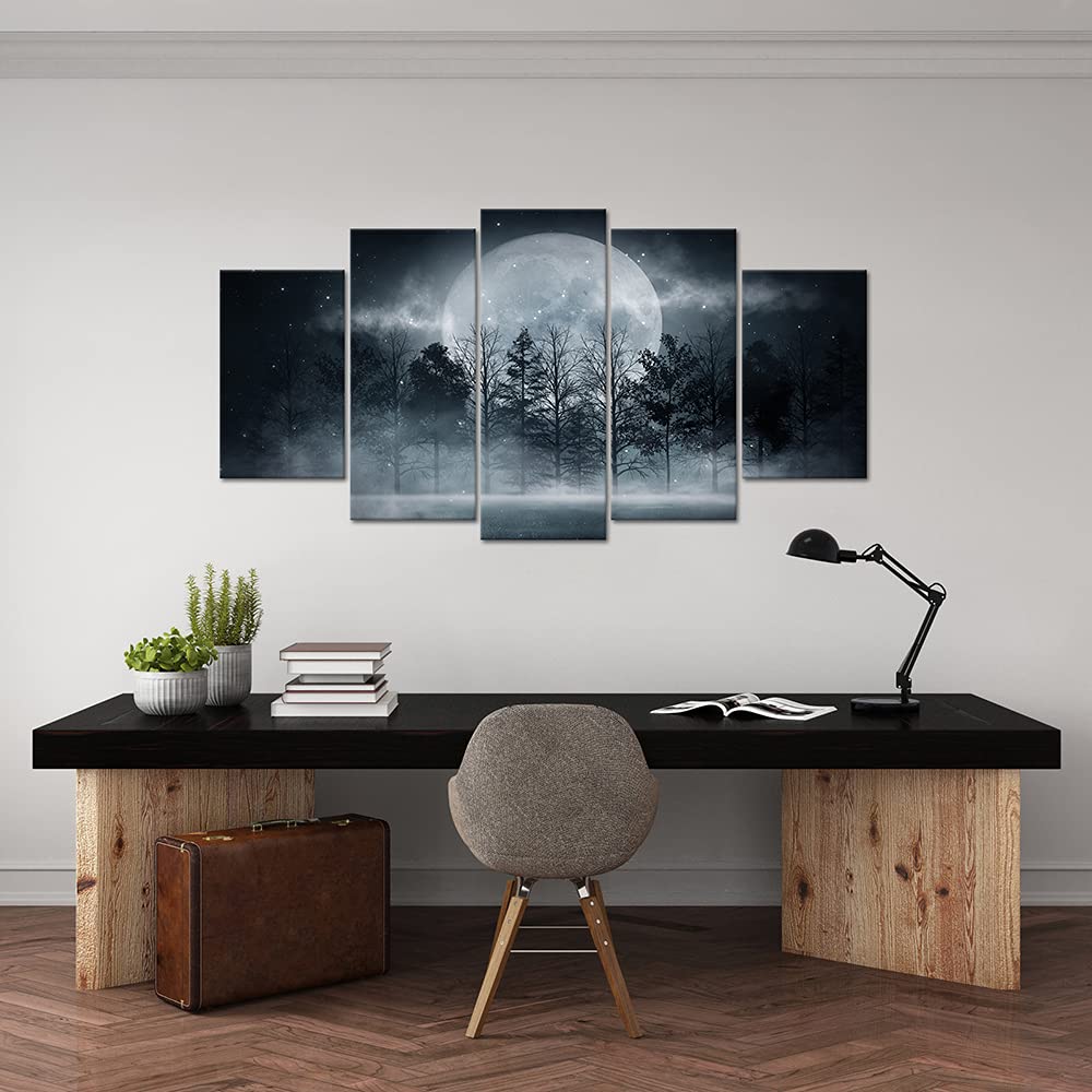 Vanseeing 5 Panels Forest Under Full Moon Canvas Wall Art Mystic Night Scene Picture Prints Large Nature Landscape Wall Decor Re