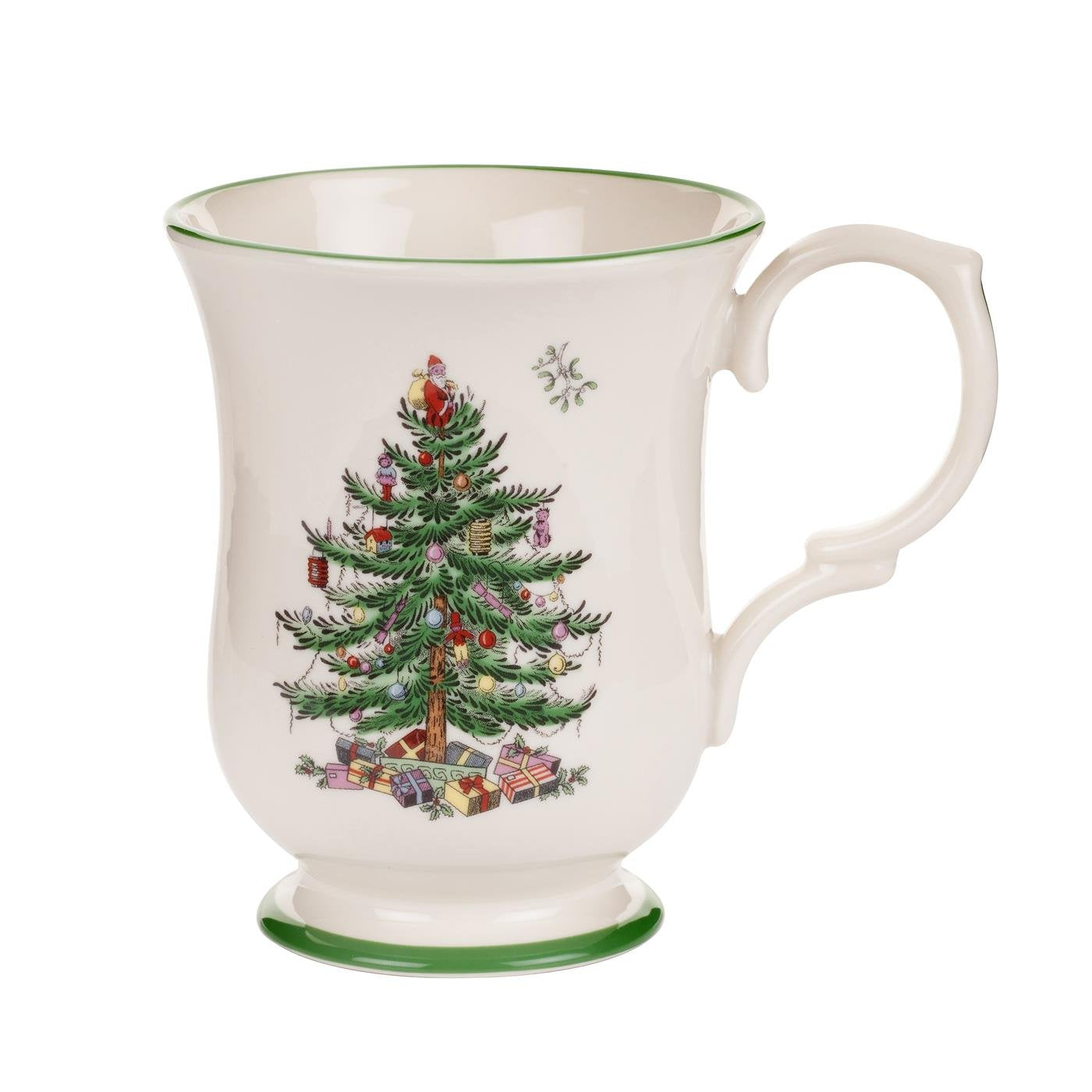 Spode Christmas Tree Footed Mug - 12 Oz Festive Mug for Coffee, Hot Cocoa, Lattes - Romantic Shape with Santa Design, Porcelain 