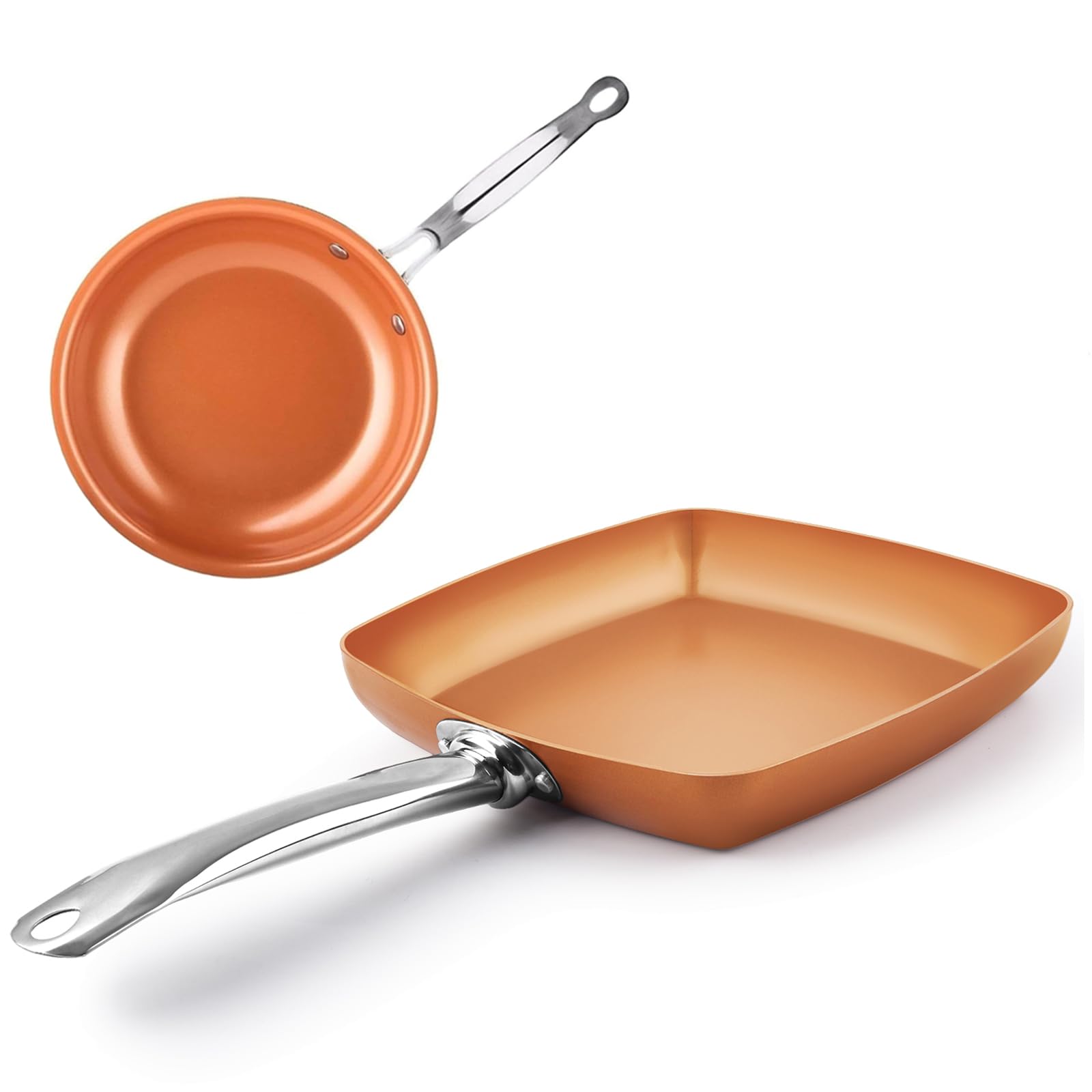 Toutrop 2 Pcs Nonstick Copper Frying Pan Set, 10 & 9.5 Chef Skillet with Ceramic Coating, Oven Dishwasher Safe, PFOAFree, Ho