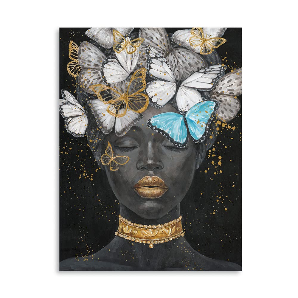 B Blingbling African American Woman Butterfly Picture: Black Woman Butterflies Wall Decor Canvas Painting For Living Room Bathro