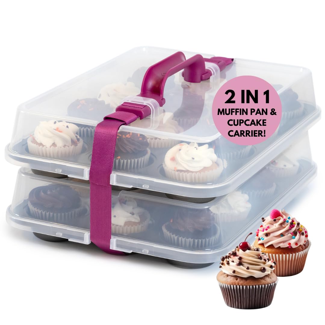 Kpkitchen Cupcake Carrier For 24 Cupcakes - Innovative Cupcake Holder Includes 2 Cupcake Pans With Lid And Handle - Cupcake Trav