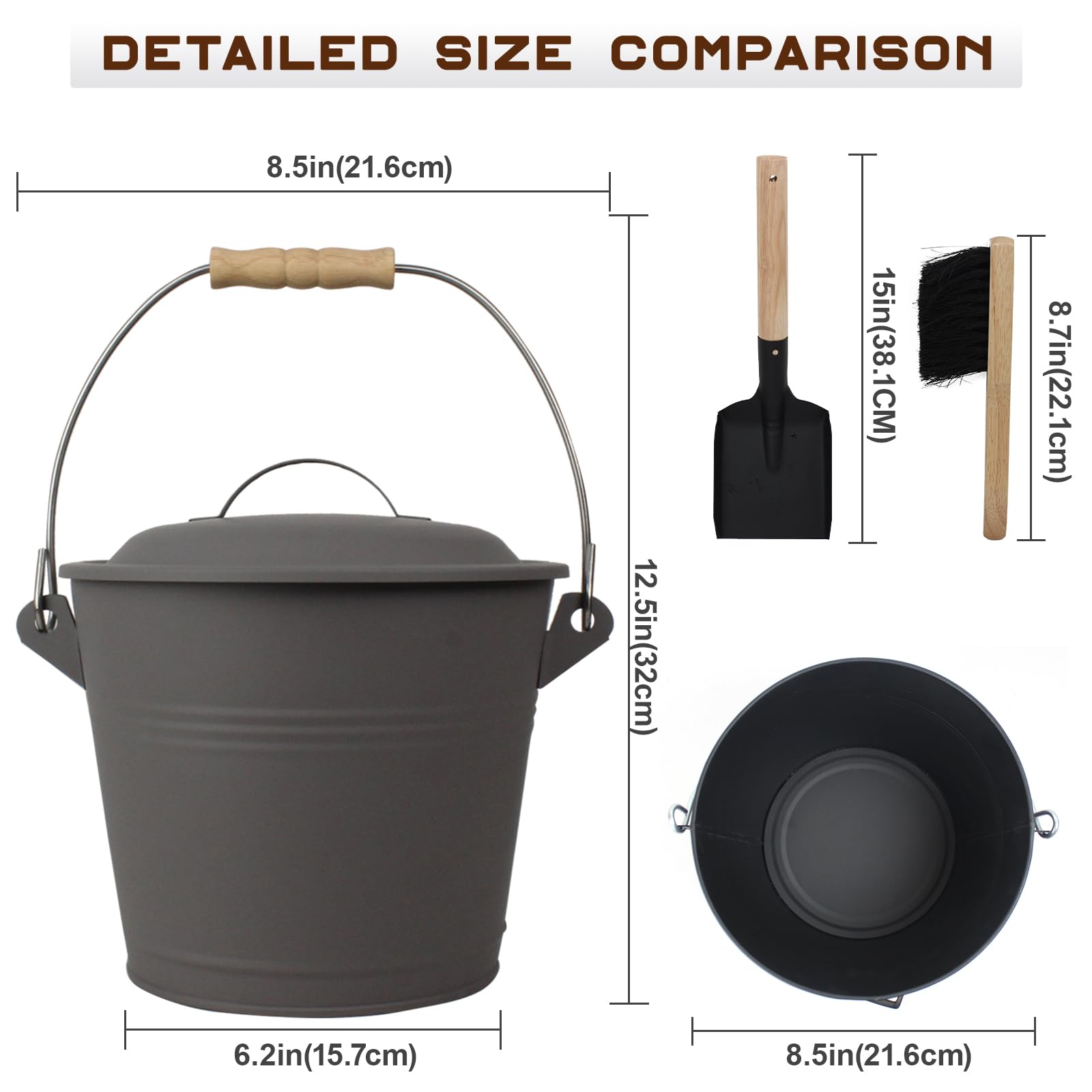 Brian & Dany Mini Ash Bucket With Lid And Shovel, 1.5 Gallon Fireplace Metal Bucket With Broom, Coal Bucket Ash Can For Fireplac