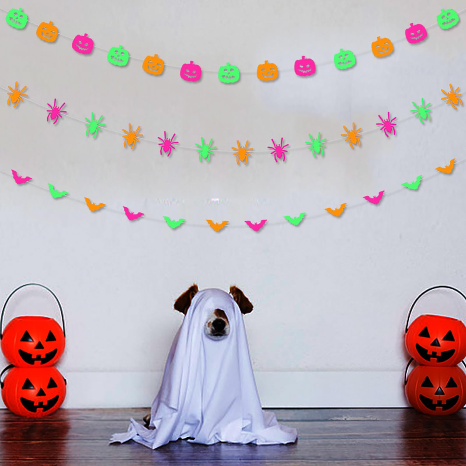 Halloween Party Decorations Neon Banner - 3pcs Glow in The Dark Paper Pumpkin Bats Spiders Hanging Swirls Streamers,Window Firep