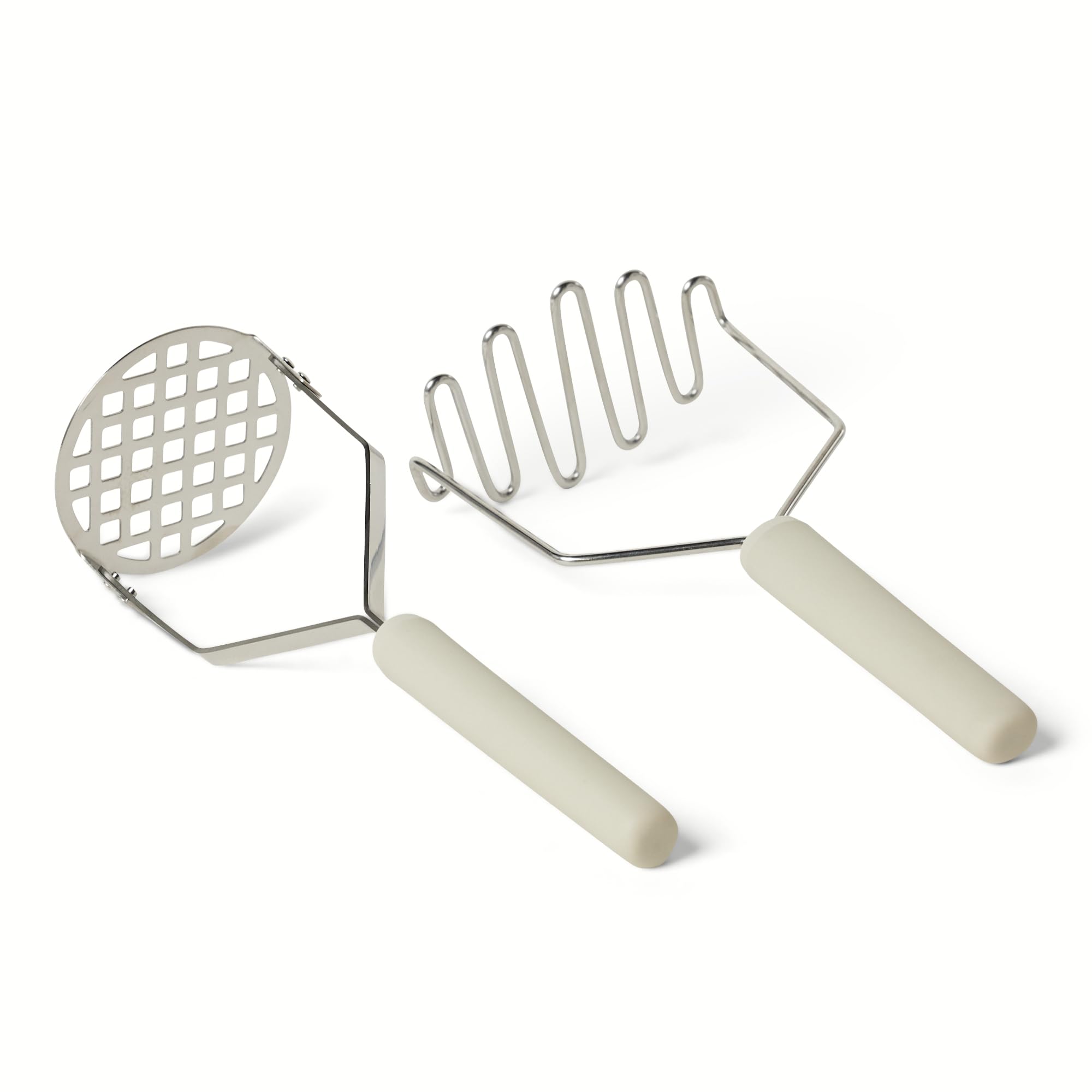 Amazon Basics Potato Mashers, 2Piece Set, Stainless Steel, Soft Grip Handle, DishwasherSafe, Linen Gray