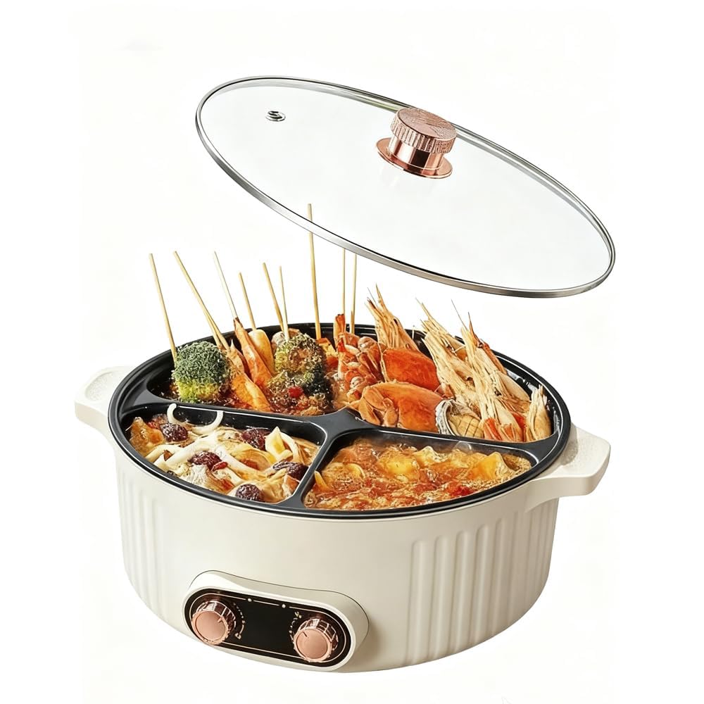Akureo 4 Grid Electric Hotpot, 4L Electric Pot with NonStick Coating, Enjoy multiple flavors at once, Large capacity Shabu Hot 