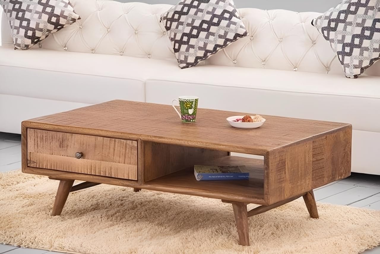 Smaart Craafts Teo Solid Wood Coffee Table For Living Room | Mango Wood Centre Table With Drawer | Honey Teak Finish | Size  11