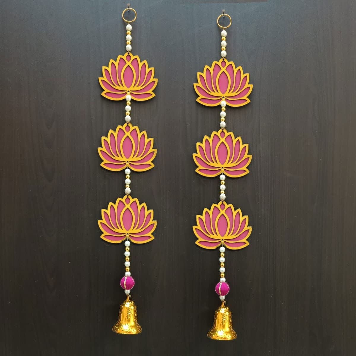 GIFT JAIPUR 3 Tier Pink Lotus & Bell Latkan Wall Hanging Jhumka Gift Decorative Showpiece for Diwali Ganesh Chaturthi Pooja Home