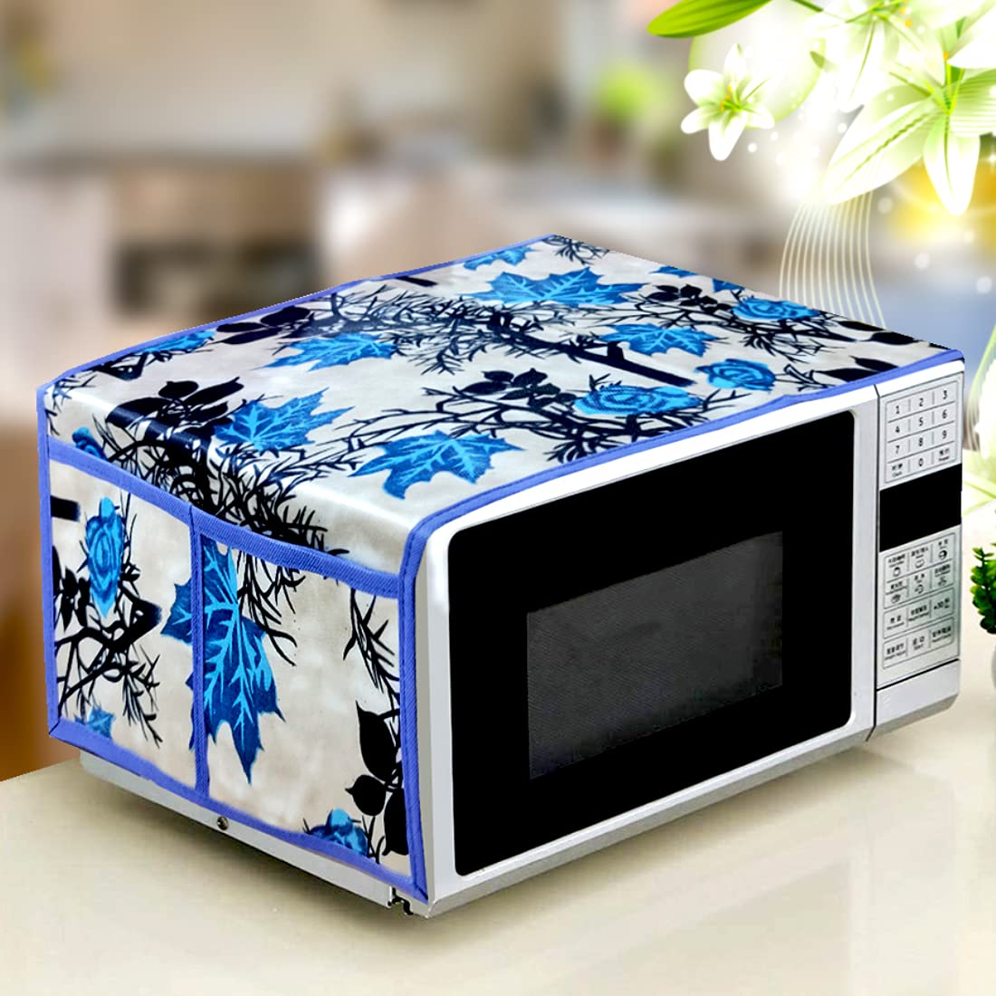 Kanushi Industries Microwave/Oven Top Cover With 4 Utility Pockets (Var-Micro-Blue-Shub-01)