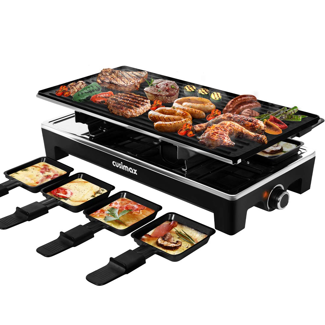 CUSIMAX Raclette Grill Electric Grill Table Portable 2 in 1 Korean BBQ Grill Indoor & Cheese Raclette, Reversible Non-stick plat