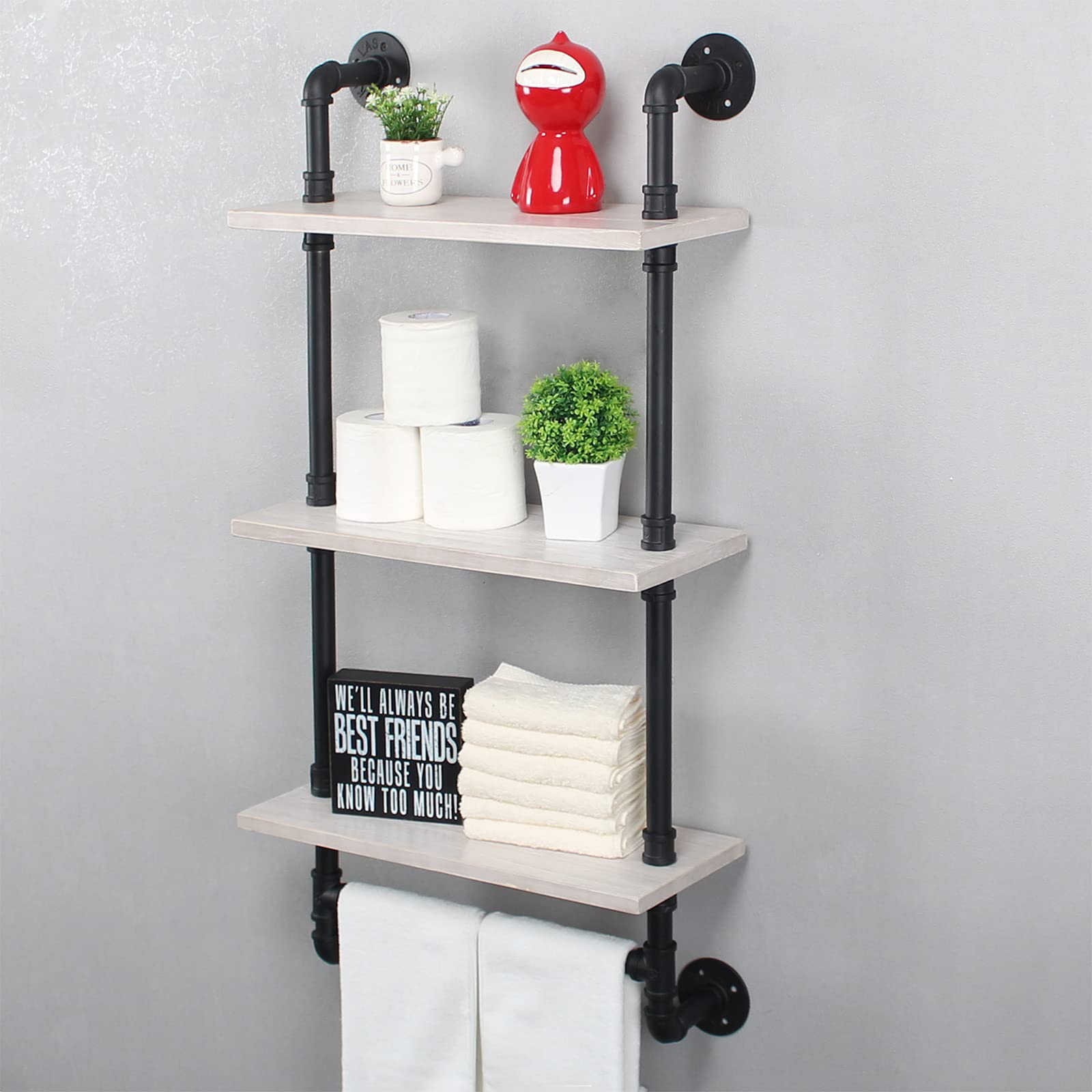 MBQQ Bathroom Shelves Wall Mounted 19.6in Rustic Wood Shelf with Towel Bar 3 Tier Farmhouse Towel Rack Over Toilet Pipe Shelving Floating Shelves Towel Holder Black & White