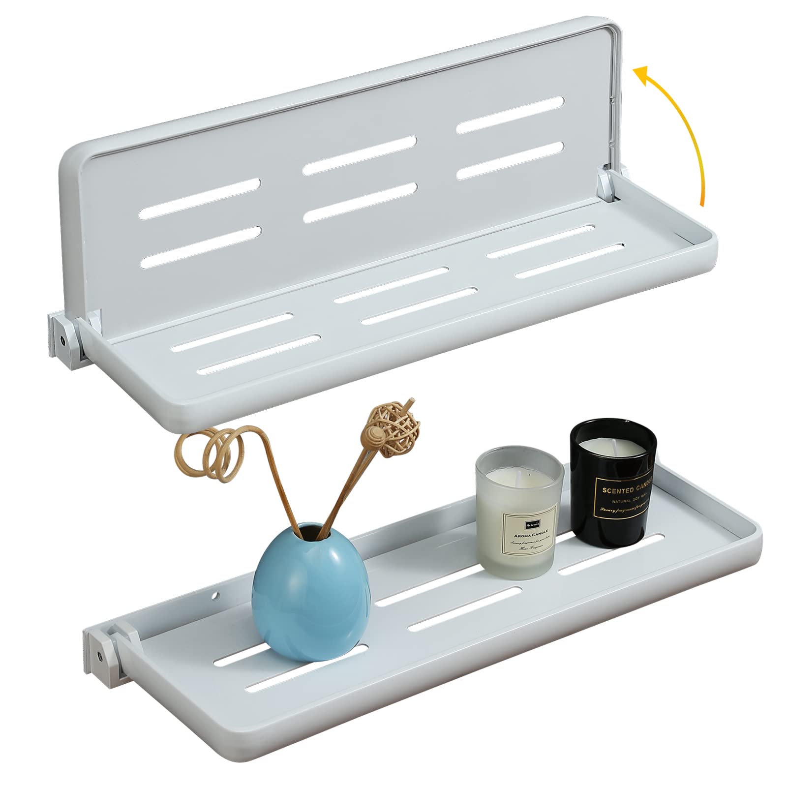SKIKEN White Folding Wall Shelf | Wall Mounted Bathroom Floating Metal Shelf | 90 Fold Up | Space-Saving Floating Shelf for Laun