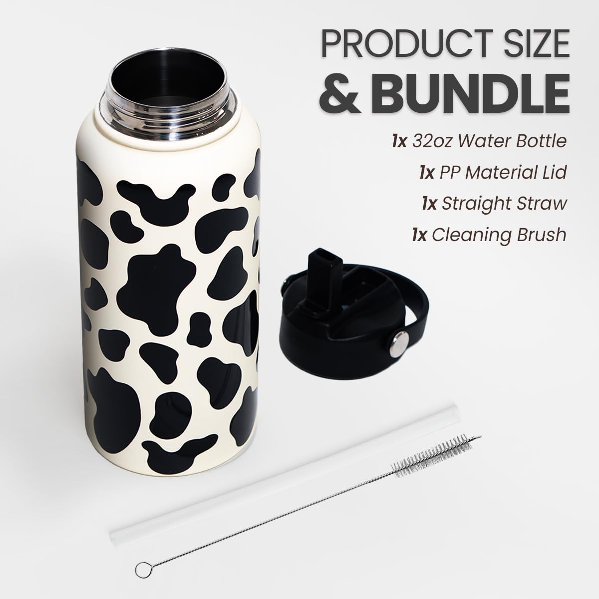 Cow Print Water Bottle 32oz Stainless Steel Vacuum Insulated with Lid, Cow Water Bottles for Gym Sports Travel Outdoor, Cow Gift