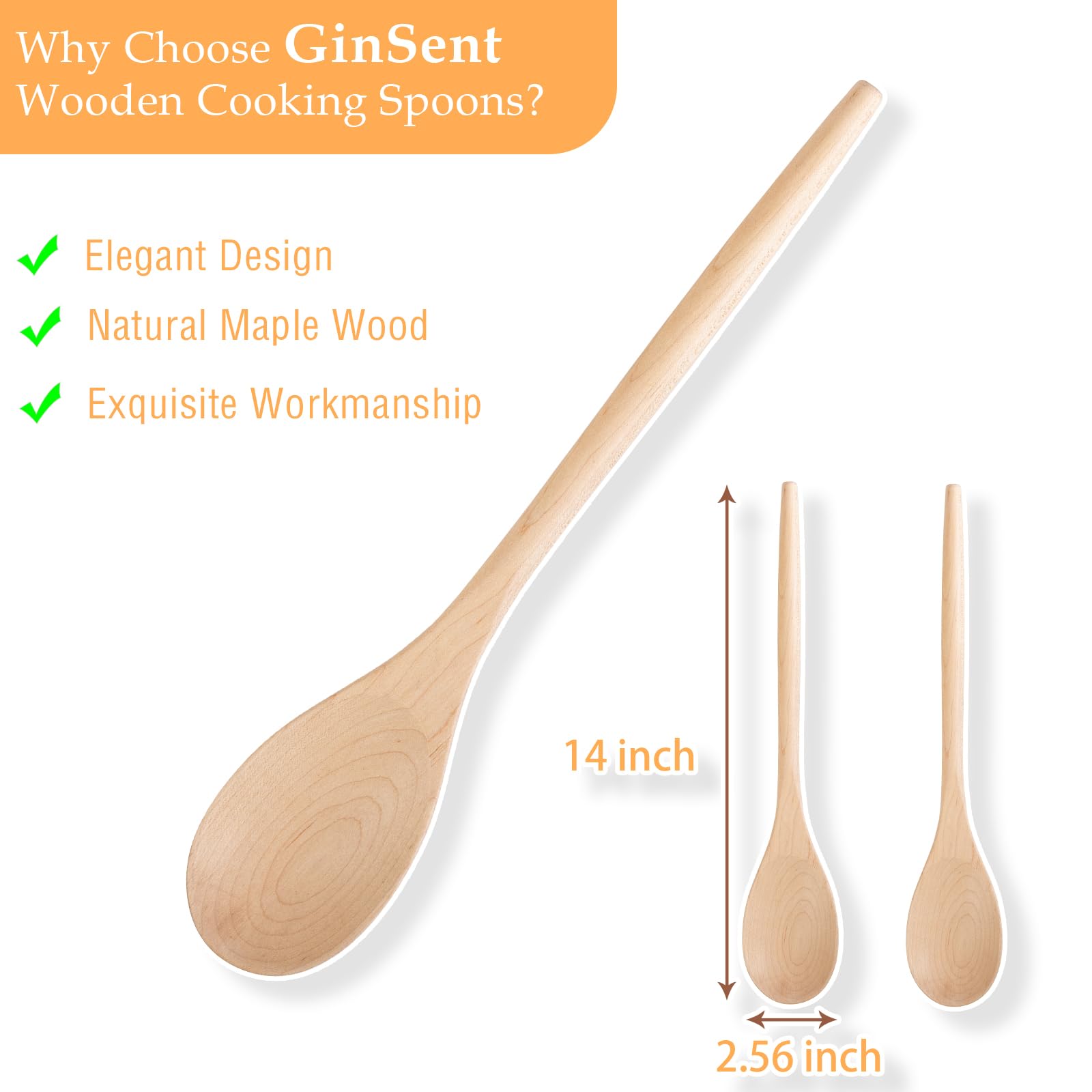 Wooden Cooking Spoons Set, 14 Inch Maple Wood Mixing Spoon, Mixing Salad, Sauce Soup Stirring Ladle, Nonstick Spoon Kitchen Serv