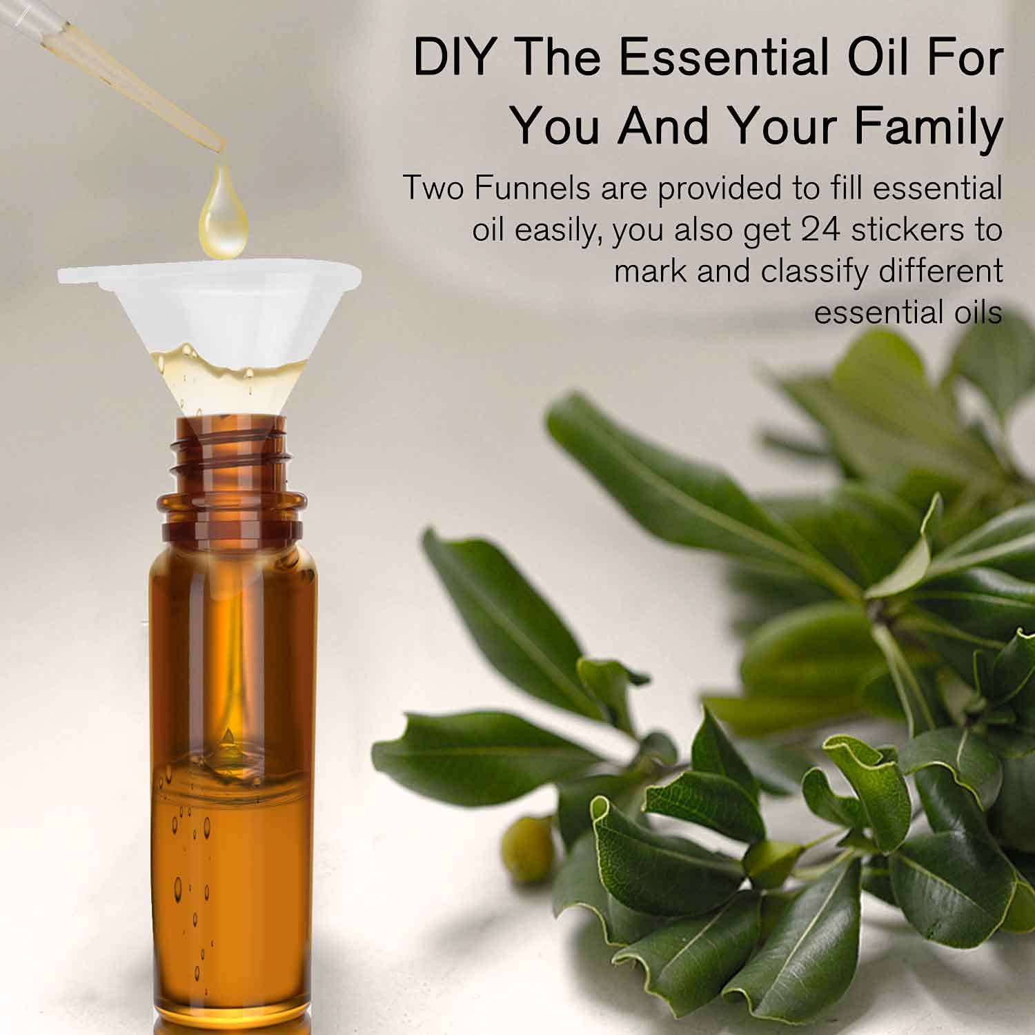 Prettycare Roller Bottles For Oils 10 Ml (Amber Glass, 60 Pack, 10 Extra Stainless Steel Balls, 72 Labels, 4 Opener, 4 Funnels E