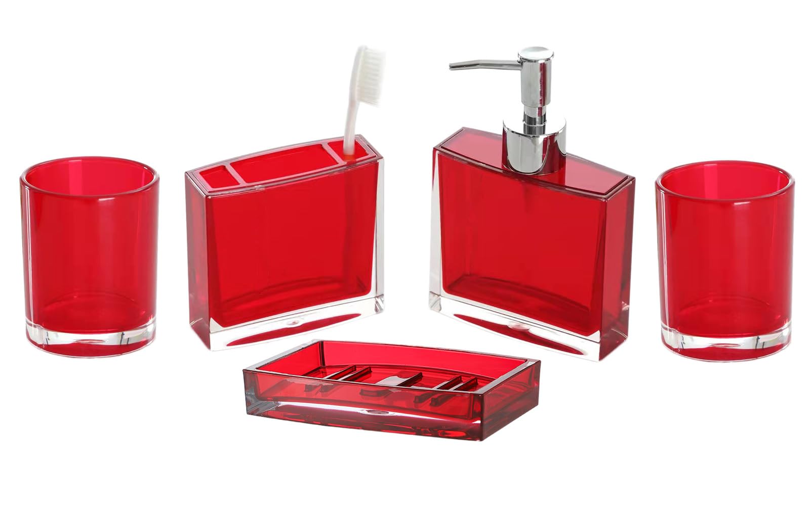 Tuanyo Red Bathroom Accessories Set - 5 Pcs Acrylic Bathroom Accessory Set - Toothbrush Holder, 2 Toothbrush Cups,Soap Dispenser
