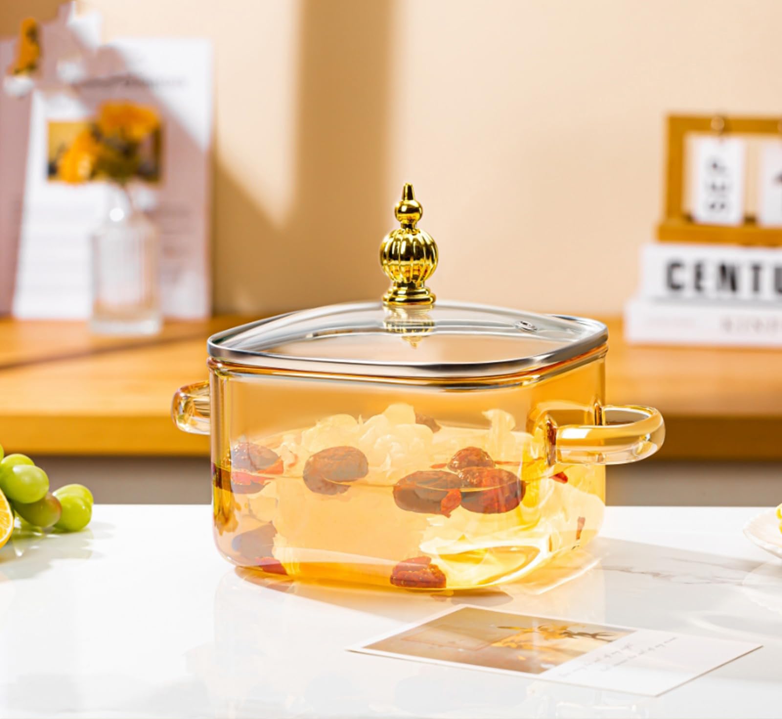 Avastro Gold Glass Saucepan Clear Cooking Pot Soup Pot Heating Dual Handles Glass Saucepan With Portable Lid Kitchen Cooking Too