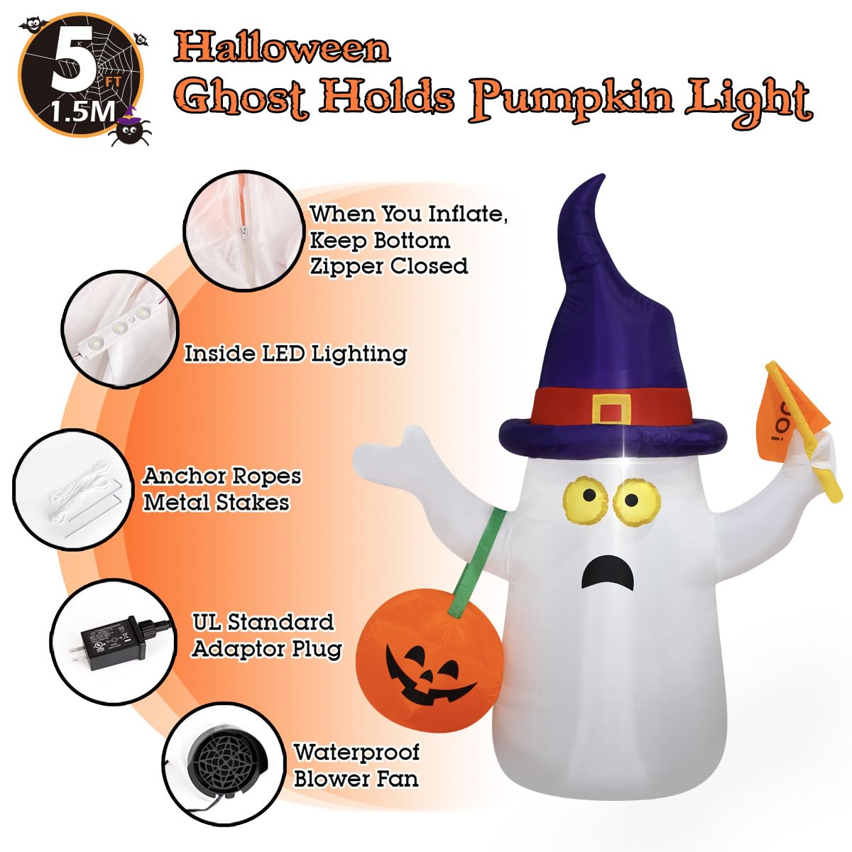 Decfine Halloween Blow up Inflatable Ghost Hold JackoLantern Decoration-Lighted Blow-Up for Home Yard Garden Indoor and Outdoor