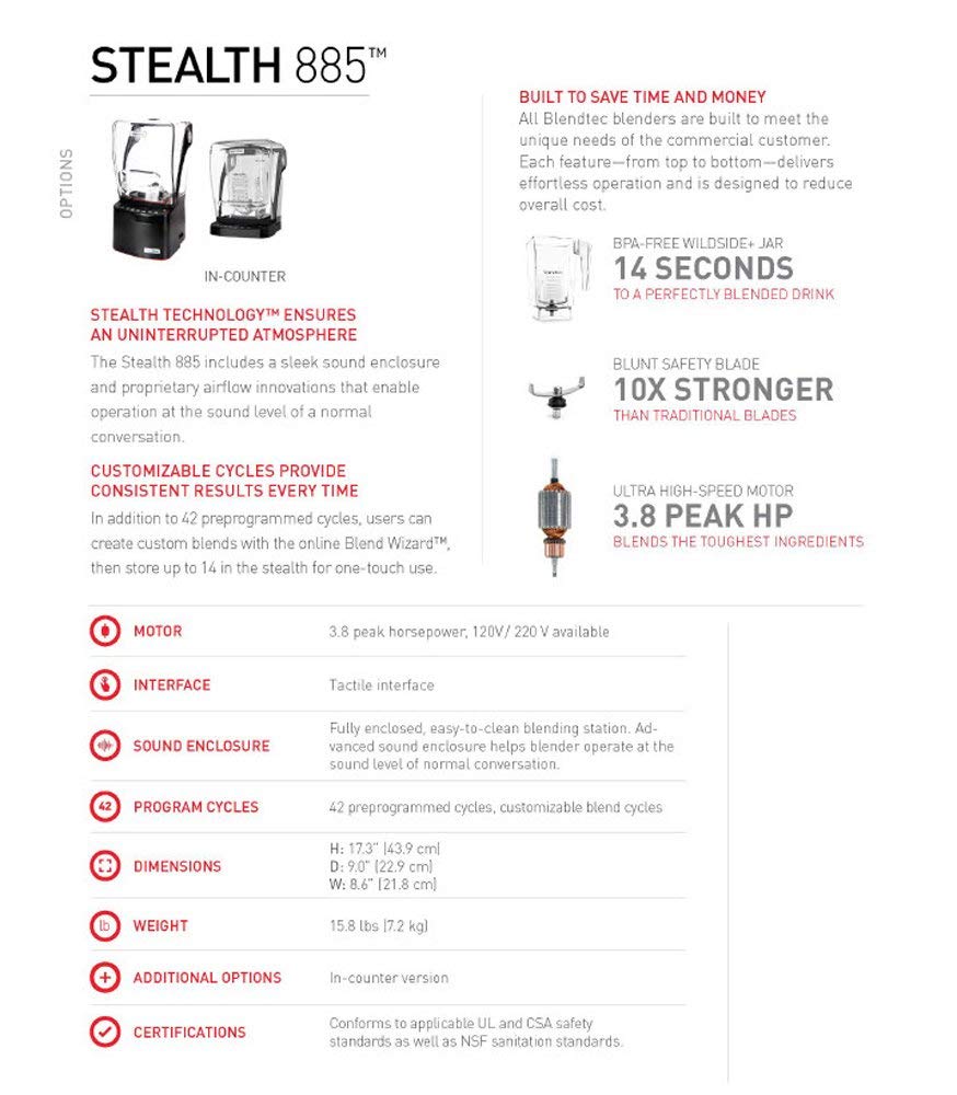 Blendtec Stealth 885 Commercial Blender, Wildside+ Jar, Blendtec Stealth Sound Enclosure, Strongest Commercial-Grade Power, Self